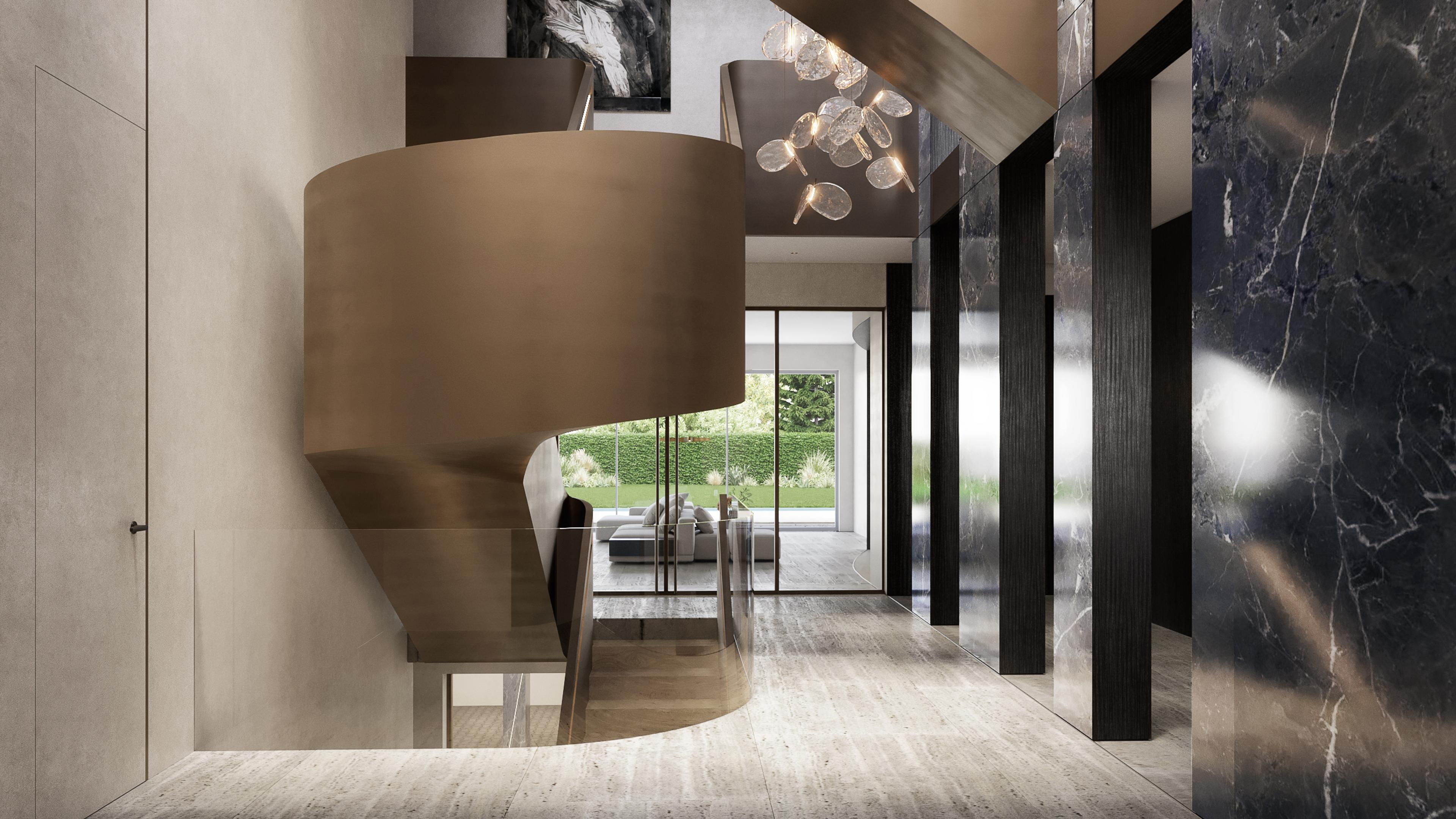 Bronze spiral staircase beside black marble walls with a glass chandelier overhead