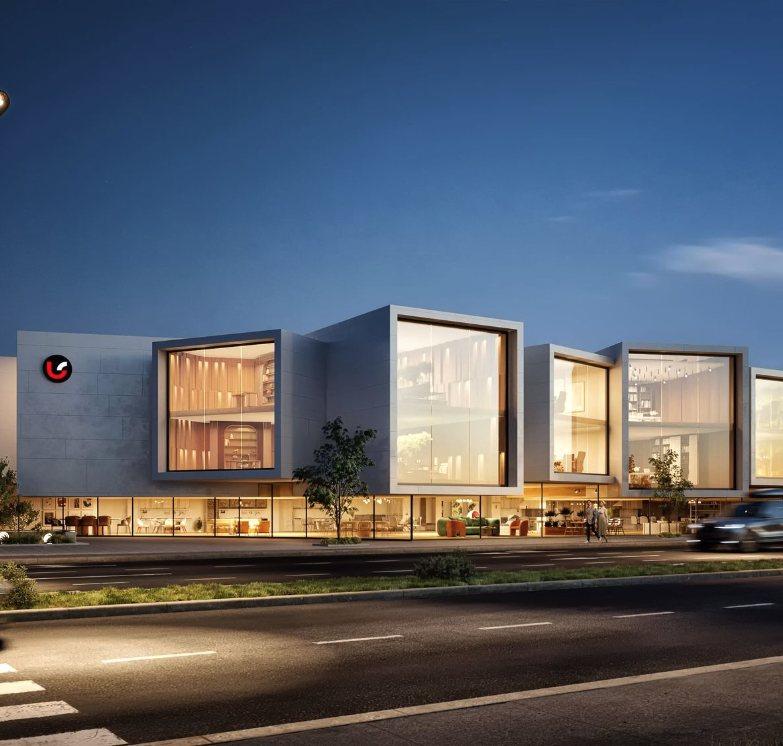 Evening render of a retail building, Unistil