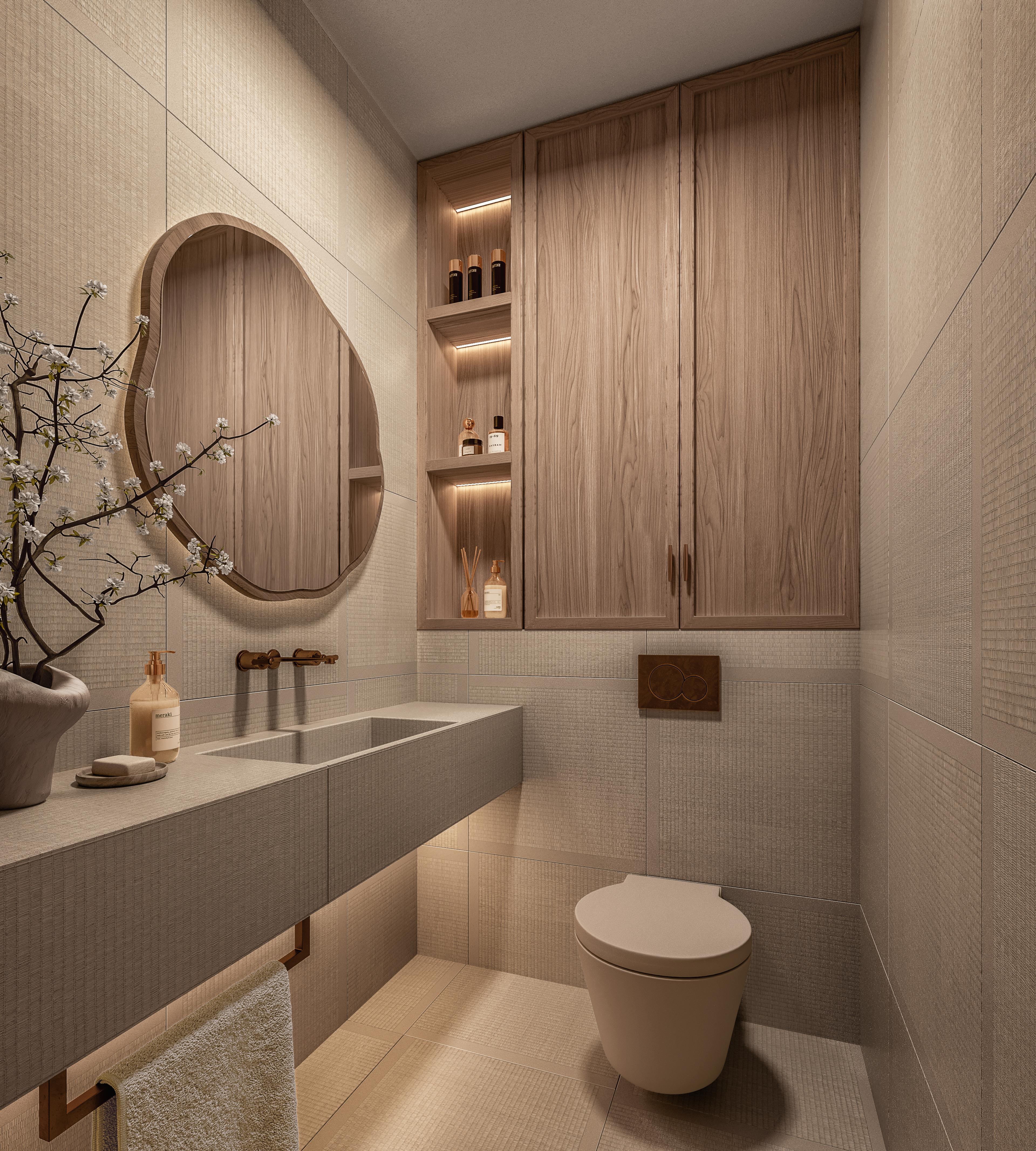 Outdoor WC with a wooden mirror, a concrete washbasin and a wall-hung toilet