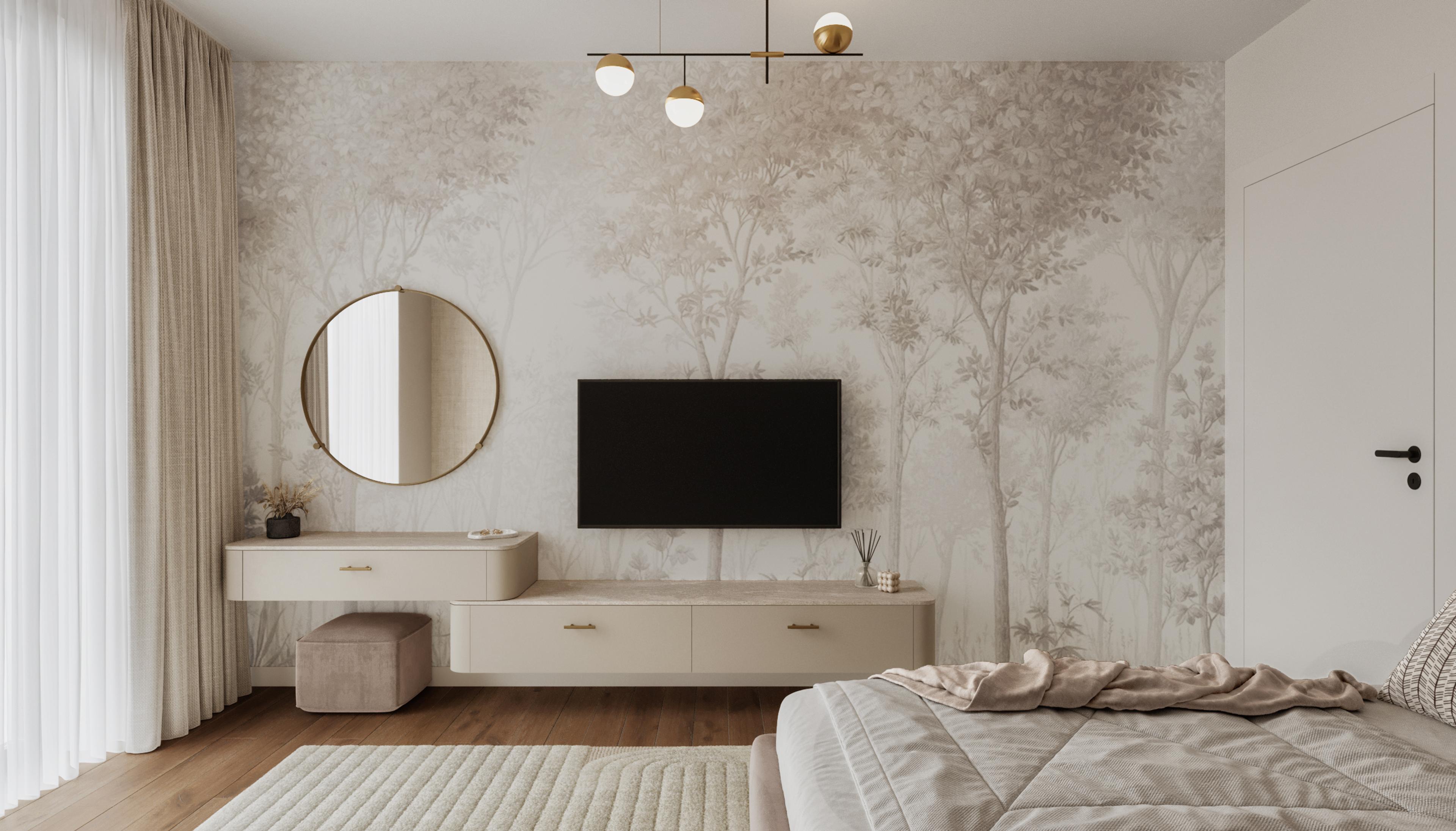 Bedroom with a tree mural wallpaper, a round mirror and a floating vanity with a TV