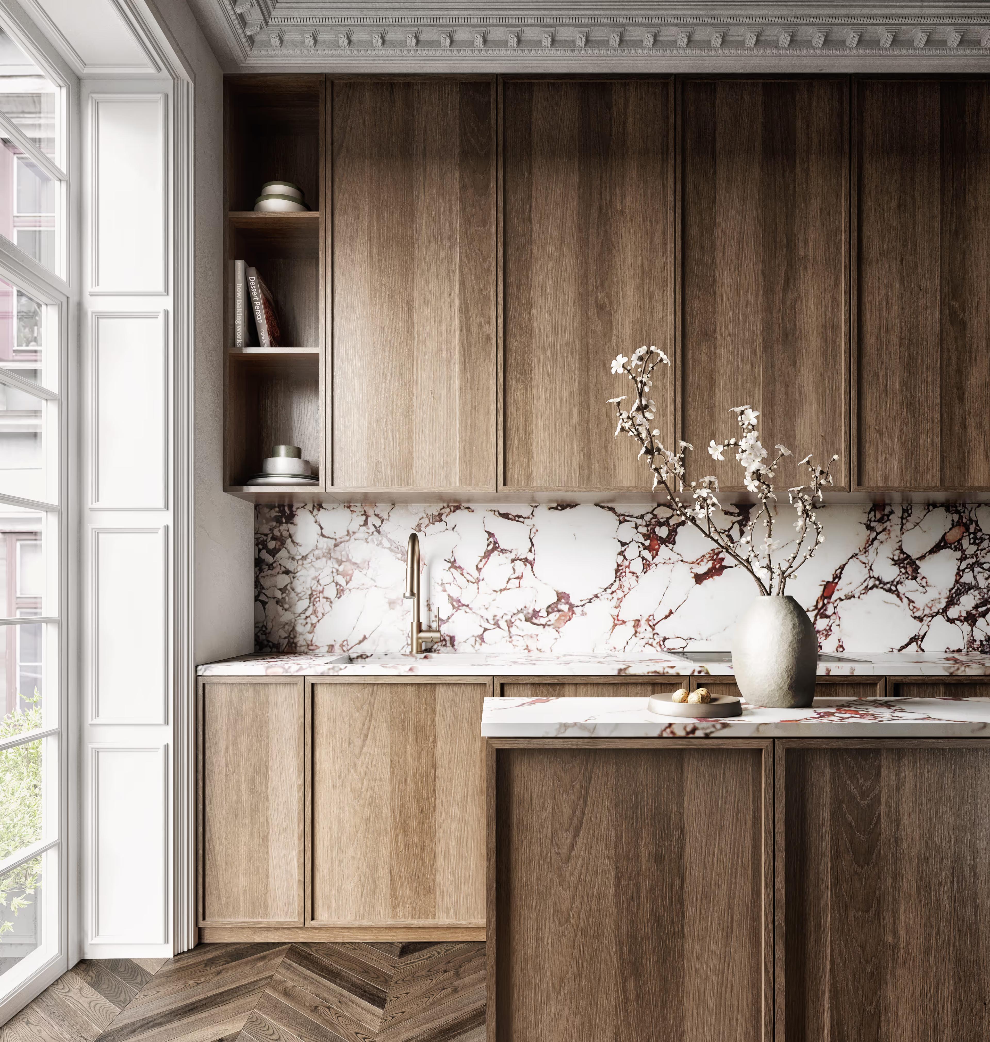 Oak kitchen with marble backsplash