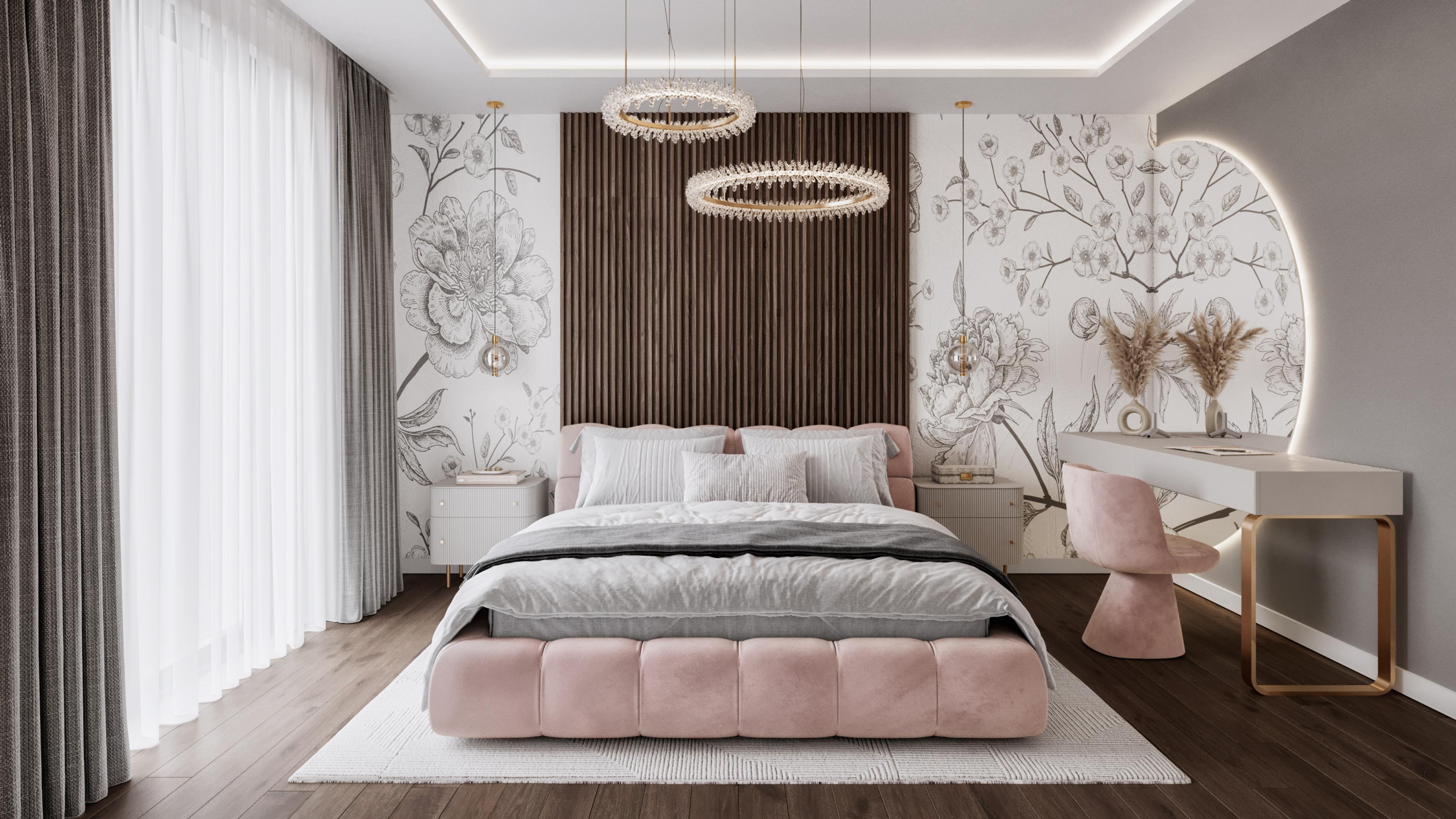 Bedroom with a pink bed, floral wallpaper, a wood slat headboard and a ring chandelier