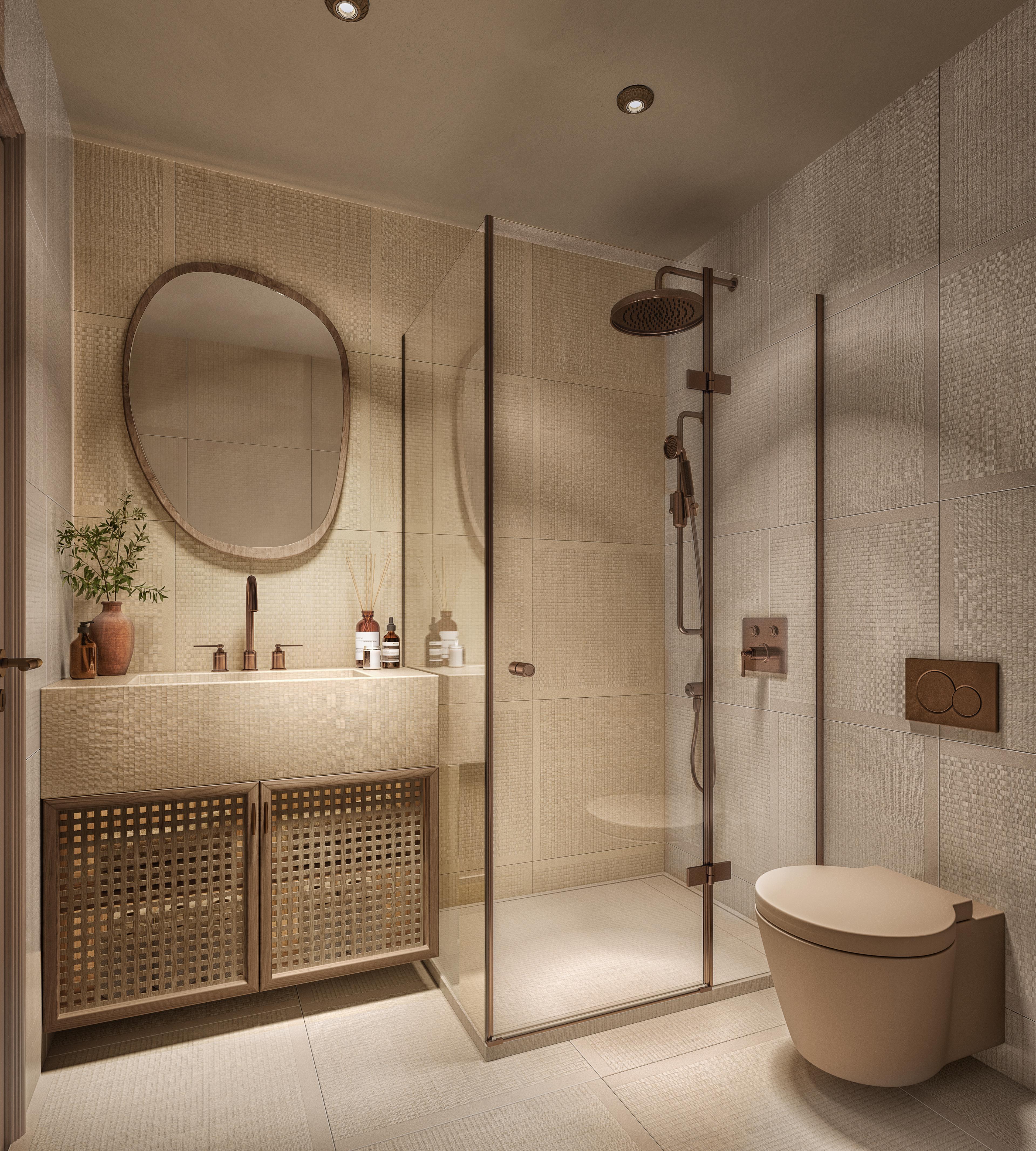 Guest bathroom with an organic mirror, a rattan-fronted vanity and a glass shower