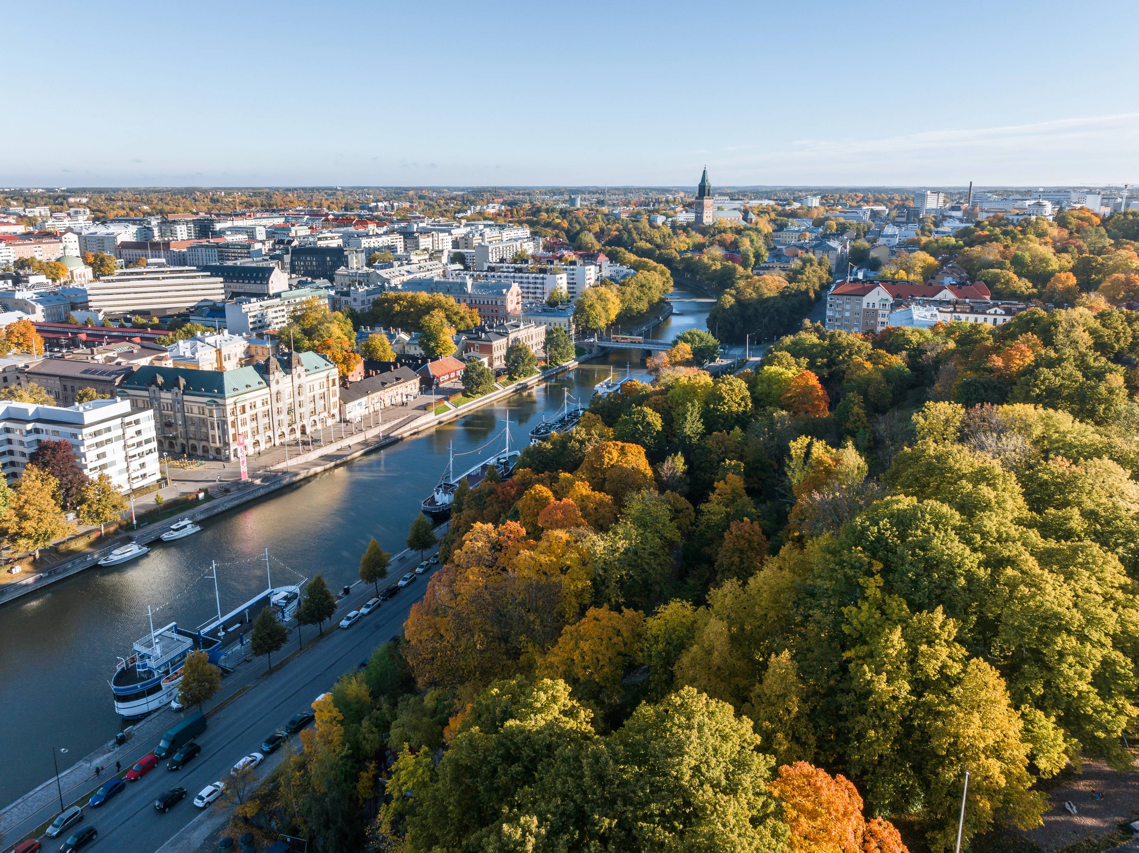 A birds eye view from a river in Turku by the end of summer
