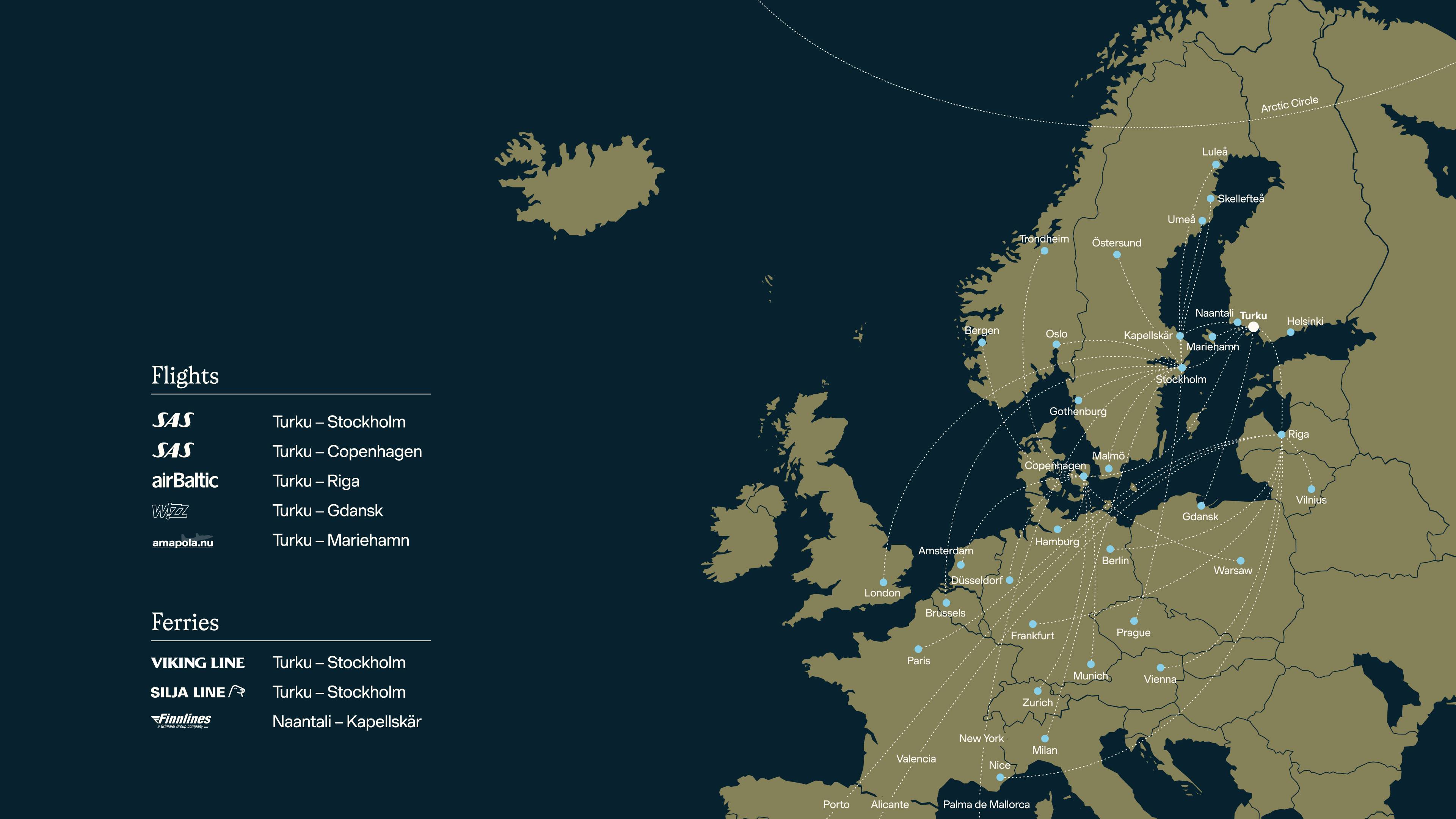 A map depicting flight routes to and from Turku as compared to several European cities