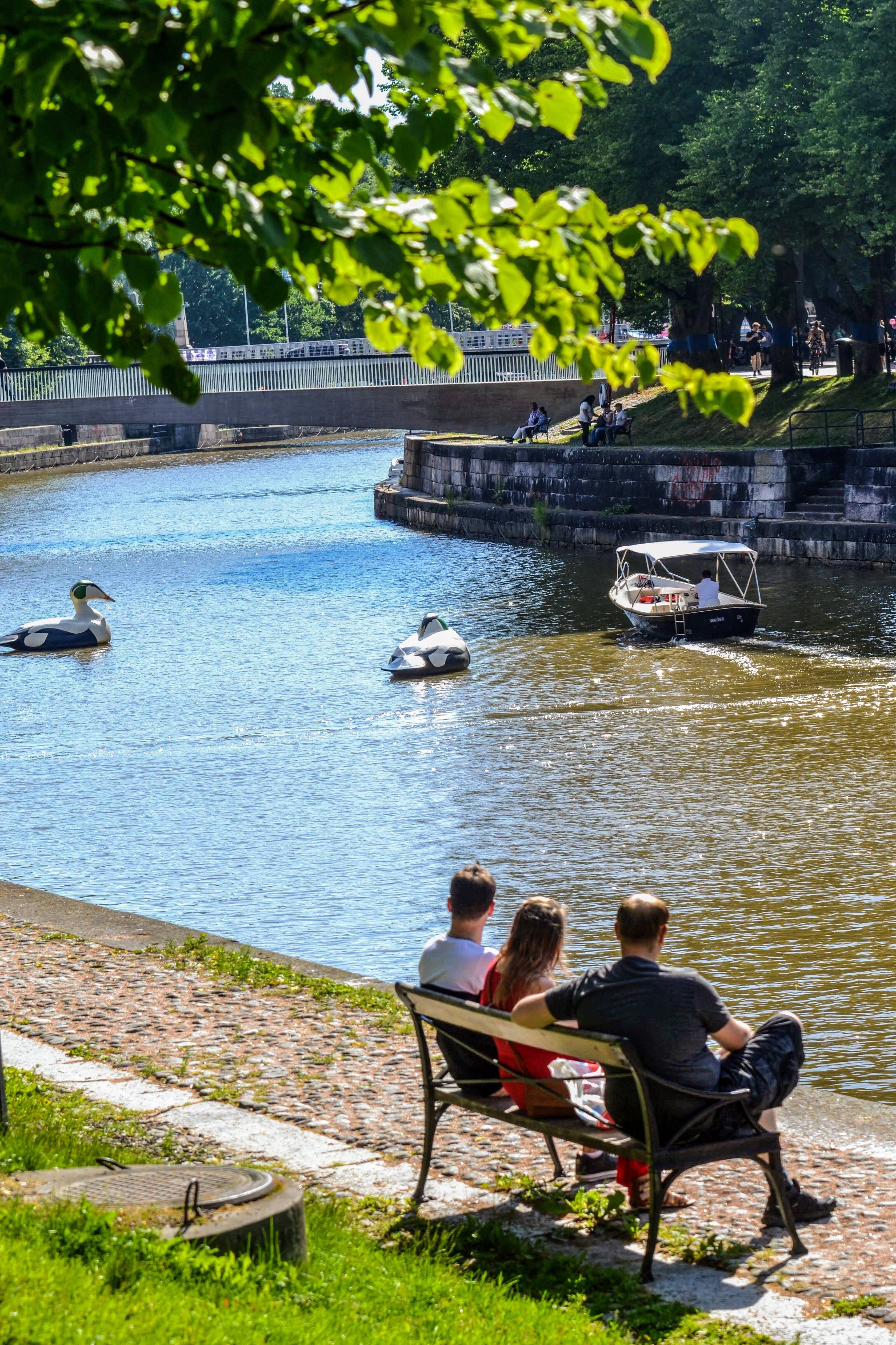 People sitting on the shore of Aurajoki watching a Låna boat on the river.