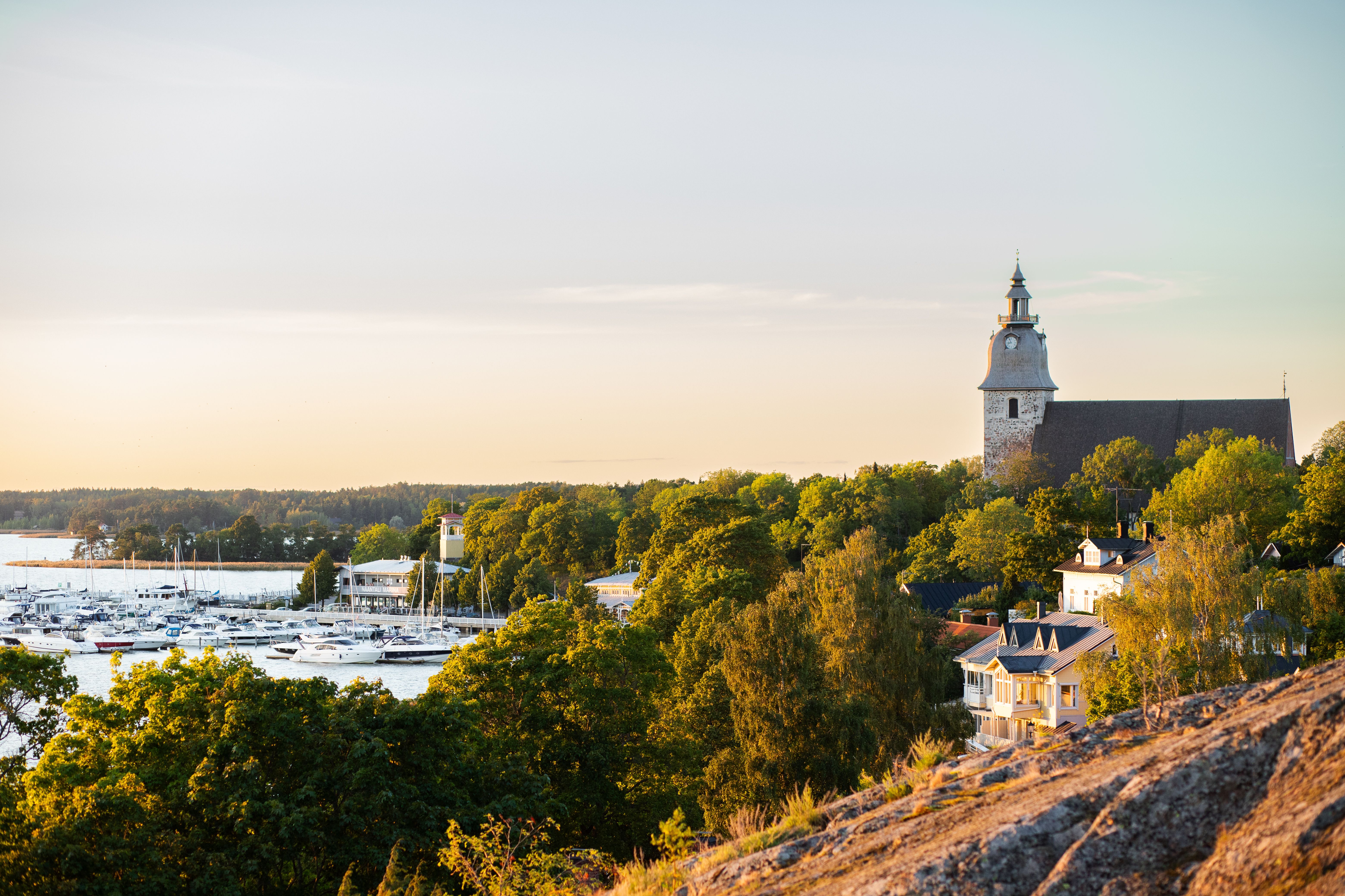 View of Naantali harbour and church
