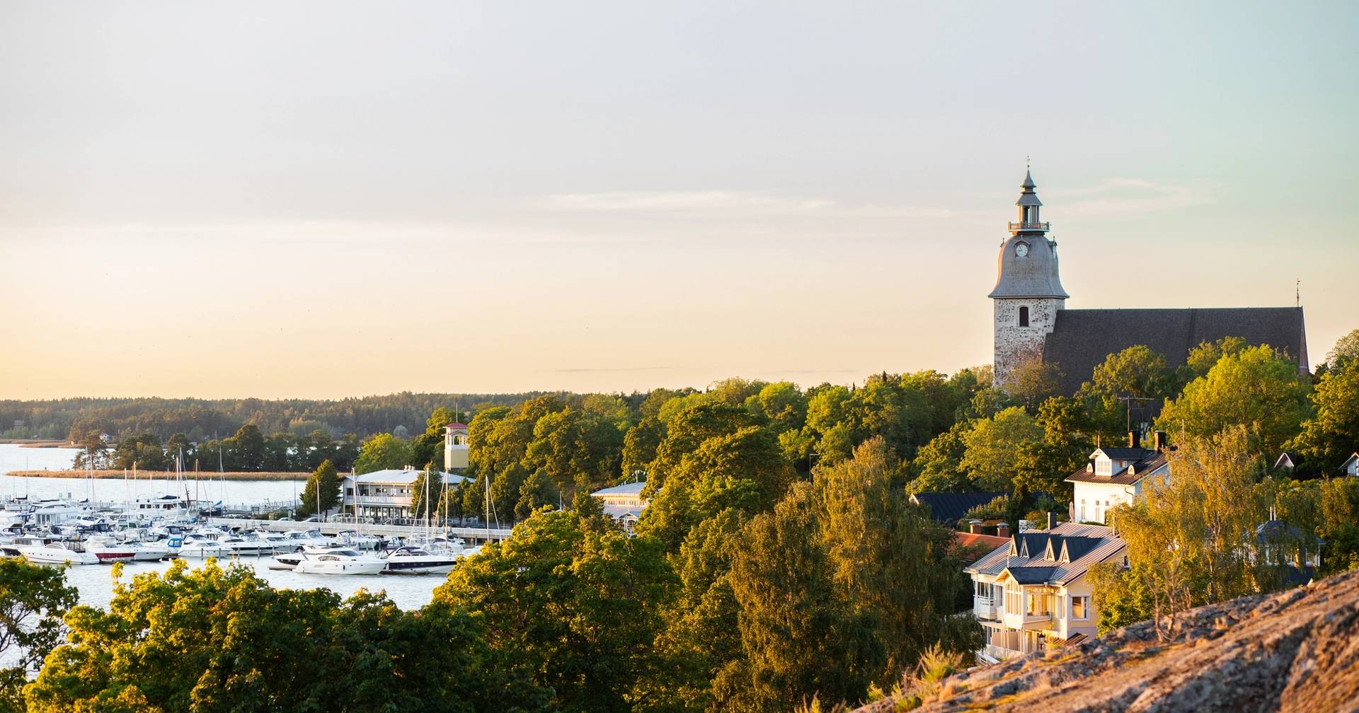 View of Naantali harbour and church