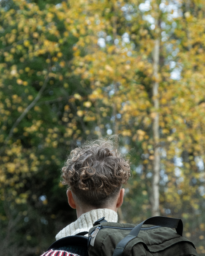 A person standing in the forest with their back turned.