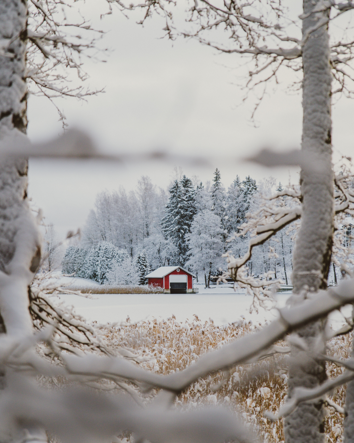 A red building in the middle of a snowy field.