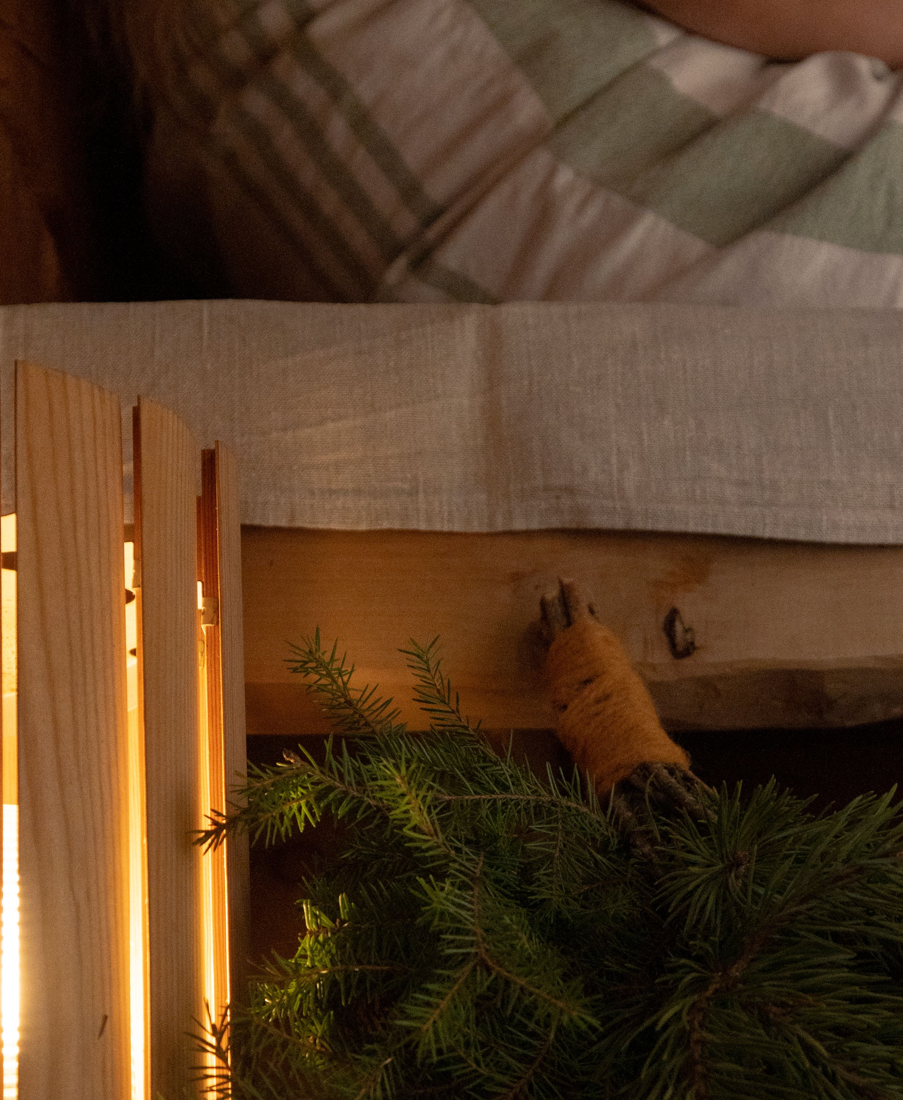 A whisk laying on the sauna steps.