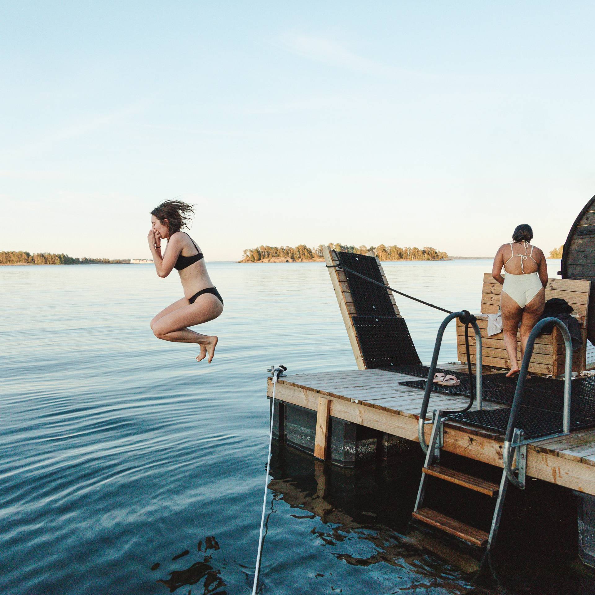 People swimming after a sauna.