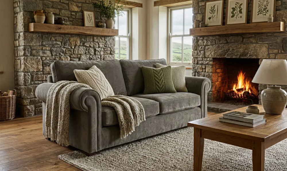 Estepona sofa beside a lit stone fireplace