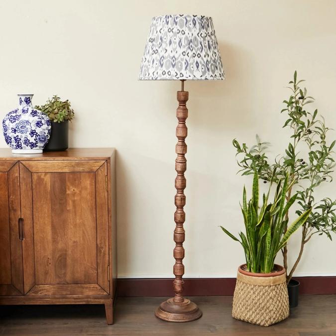 Oriana B - Wood Floor Lamp/ Blue & Grey Pleated Lampshade, view 1