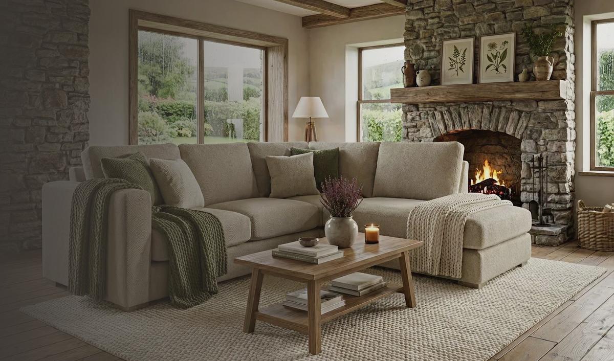 Isadora corner chaise sofa in a living room with a stone fireplace