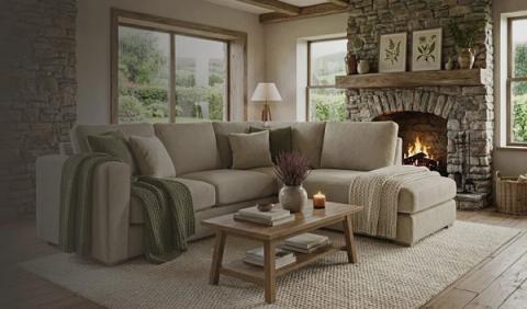 Isadora corner chaise sofa in a living room with a stone fireplace