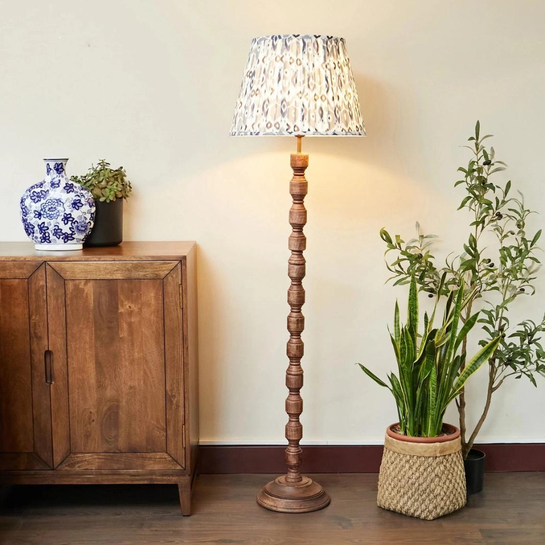 Oriana B - Wood Floor Lamp/ Blue & Grey Pleated Lampshade, view 2