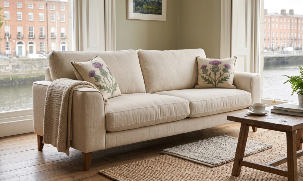 1933 Furniture Company Pippa large sofa by a window overlooking the Dublin quays