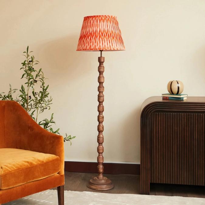 Oriana B - Wood Floor Lamp (Orange Pleated Lampshade), view 1