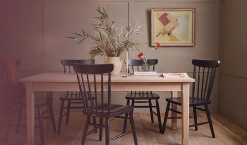Neptune Moreton extending dining table with black spindle-back chairs