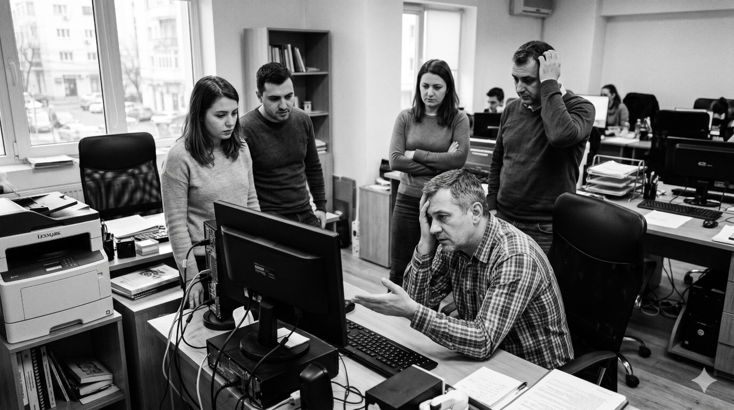 O echipă IT adunată în jurul unui monitor, rezolvând o problemă.