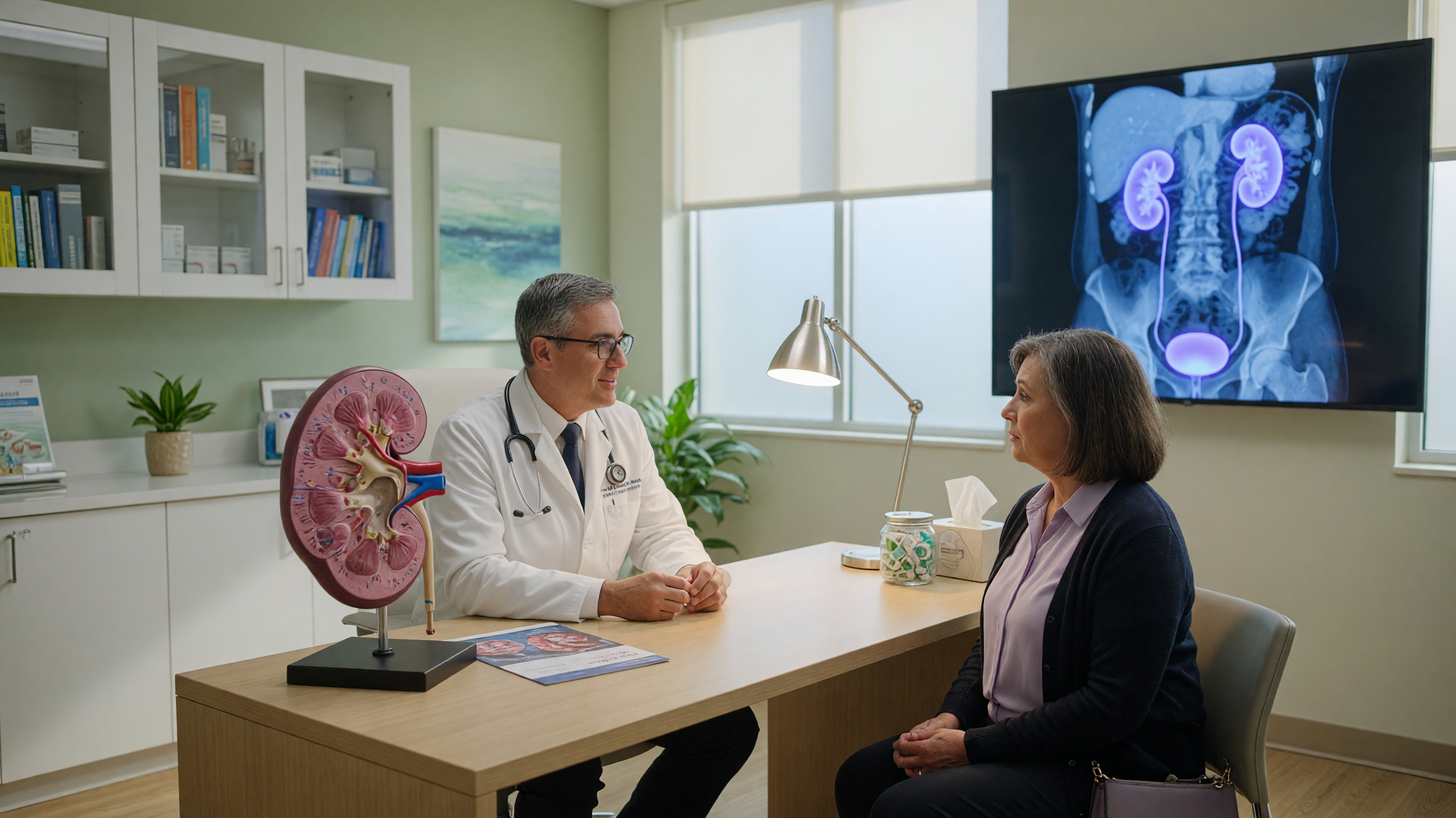 Doctor explaining kidney stones symptoms and treatment options to a patient using a kidney model