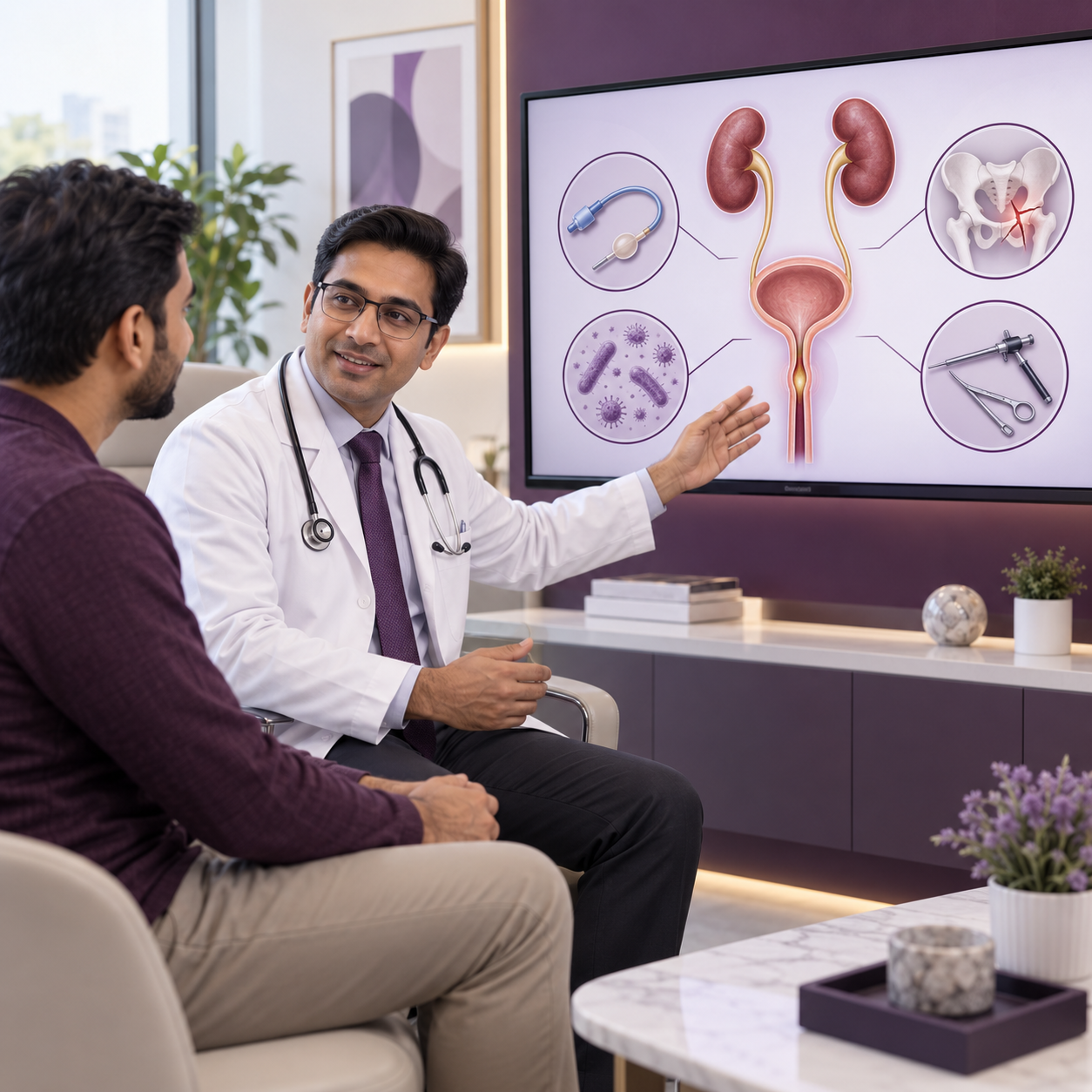 Doctor explaining urethral stricture causes to a male patient using a urinary system diagram