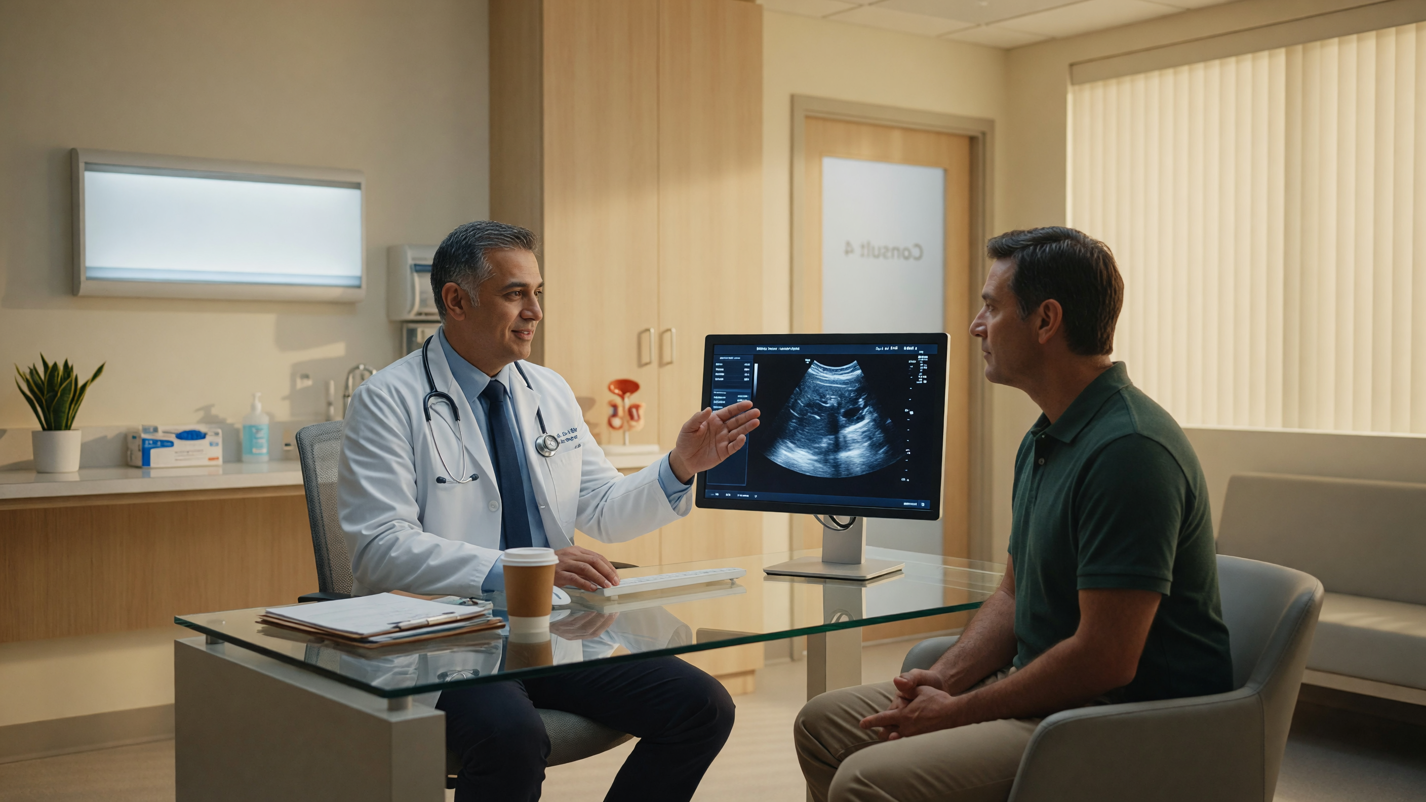 Doctor examining a patient for varicocele testicular pain at a hospital consultation