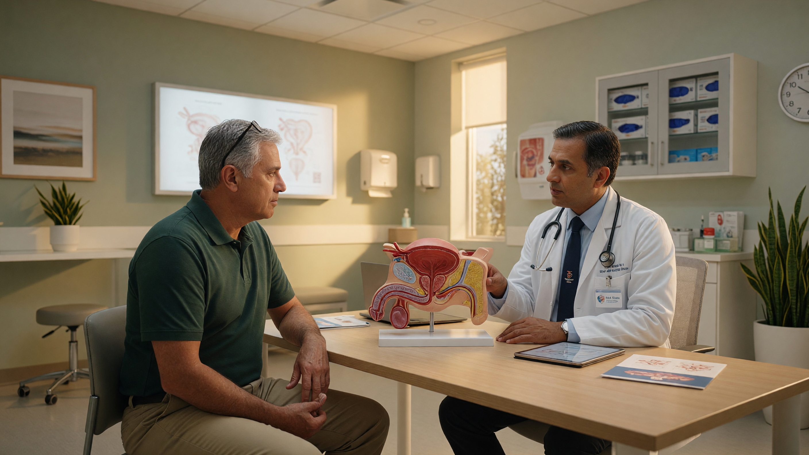 Doctor explaining enlarged prostate symptoms to a middle-aged male patient during a urology consultation