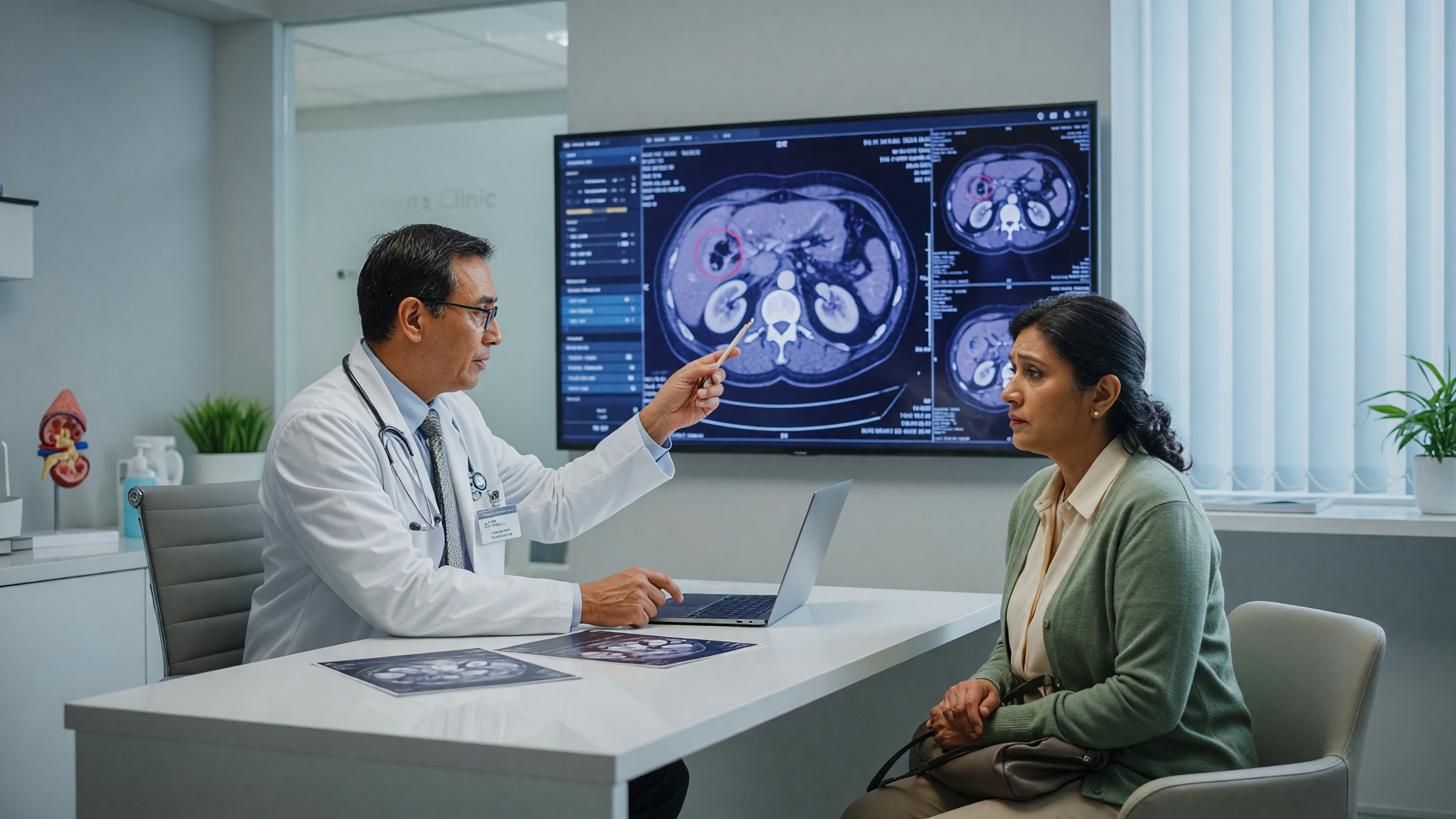 Doctor reviewing a kidney scan explaining how kidney stones cause recurrent UTI to a patient