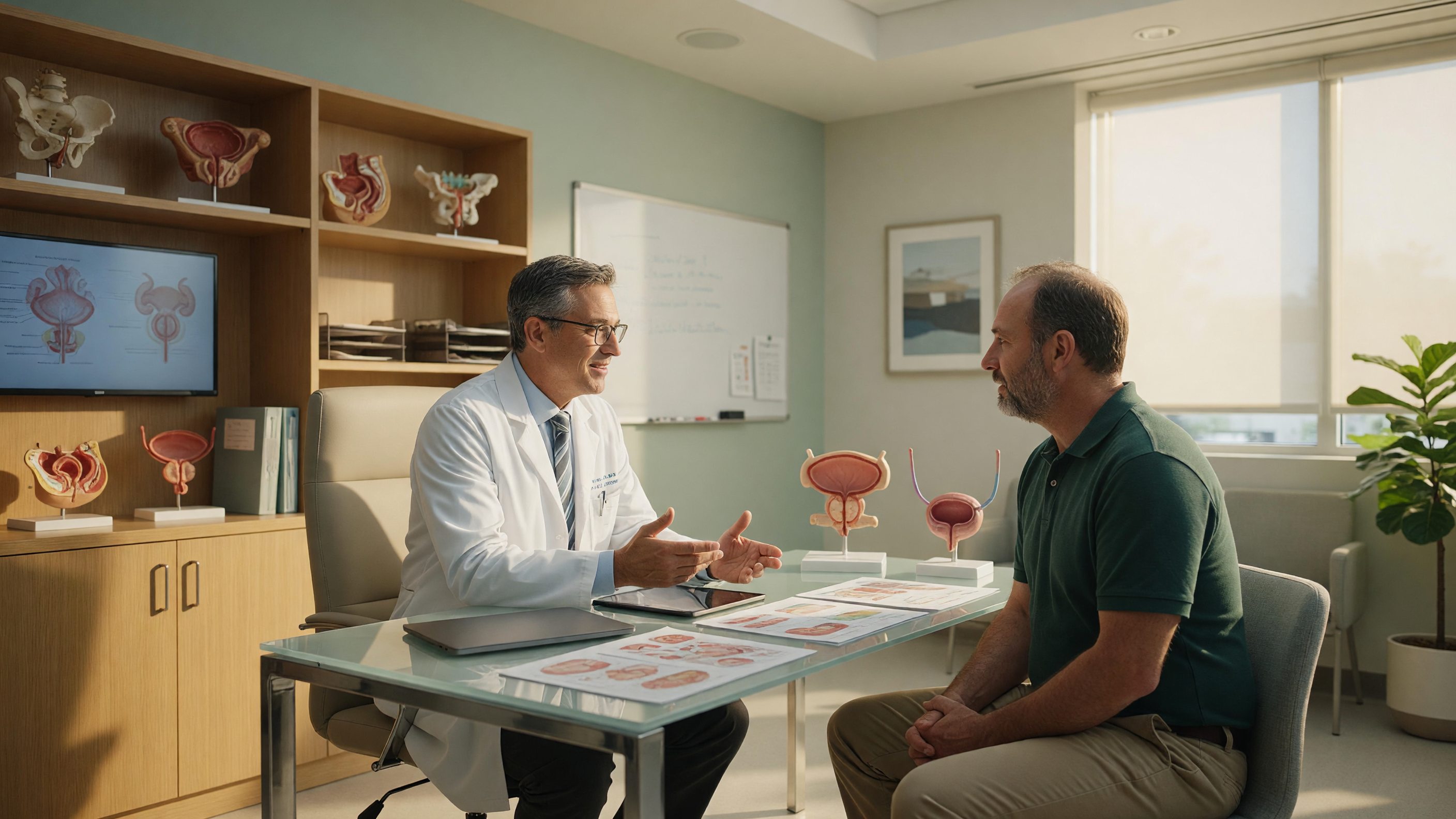 Doctor consulting a male patient about UTI in men at a modern hospital