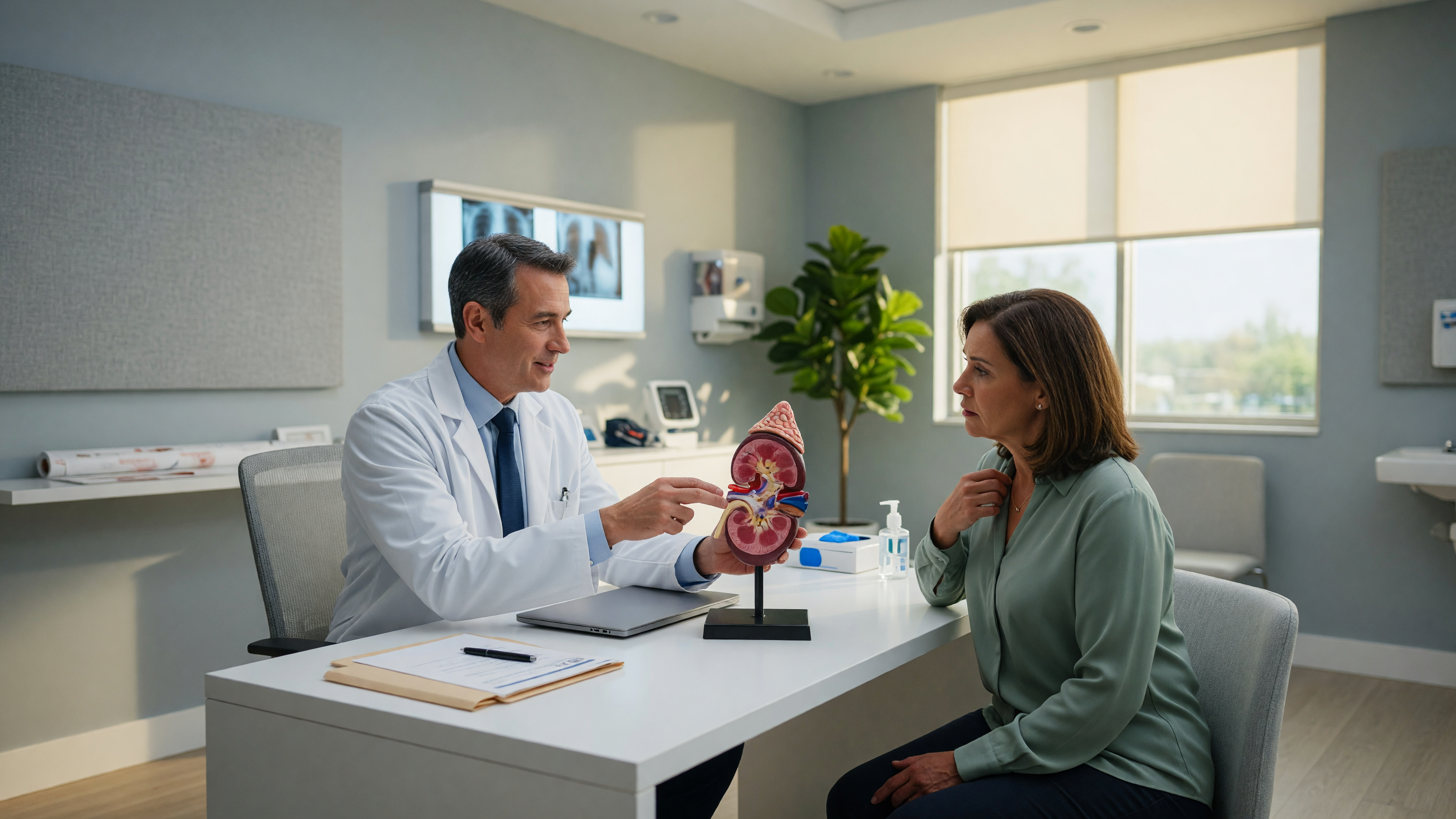 Doctor explaining kidney stone symptoms and early signs to a patient using a kidney model