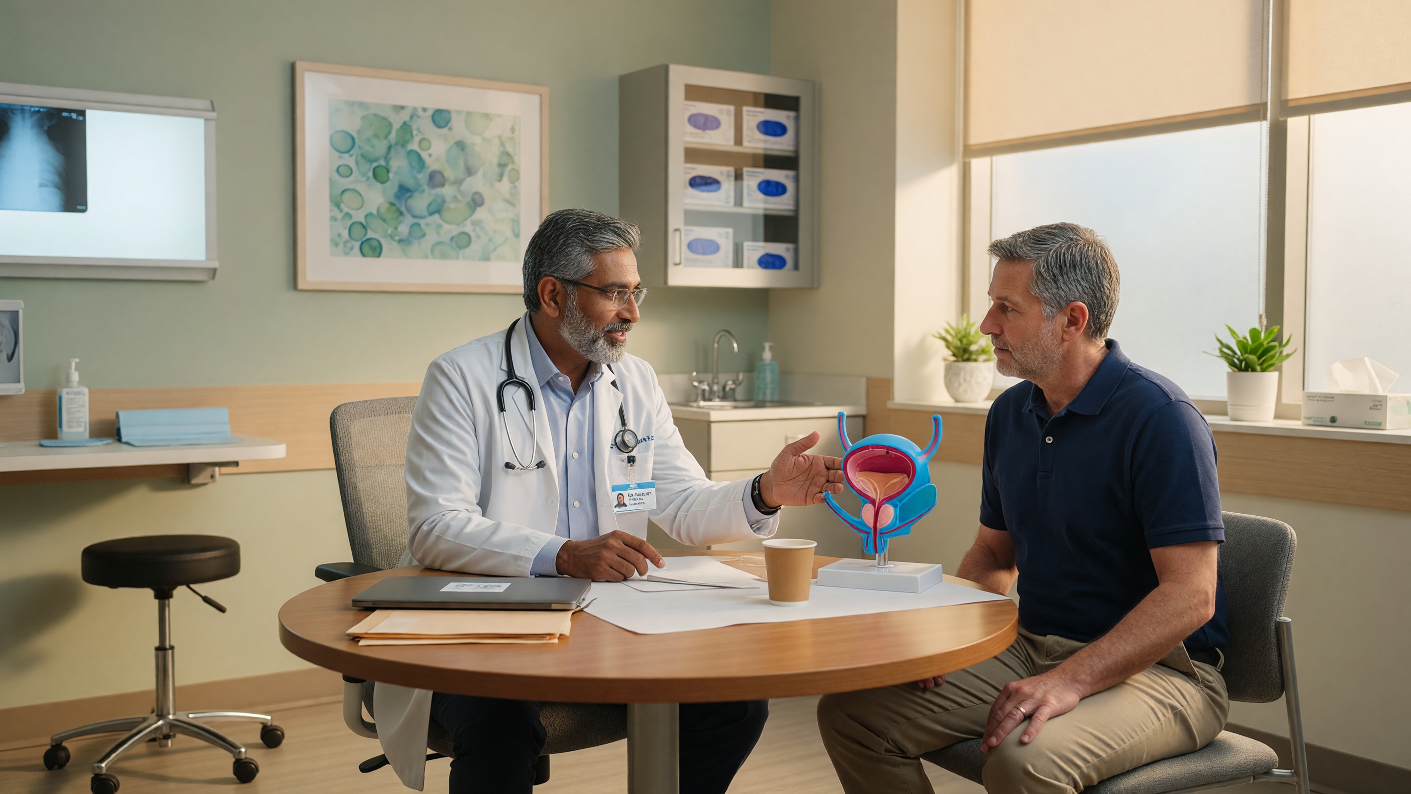 Doctor explaining urinary retention causes to a patient using a bladder diagram at Lux Hospitals