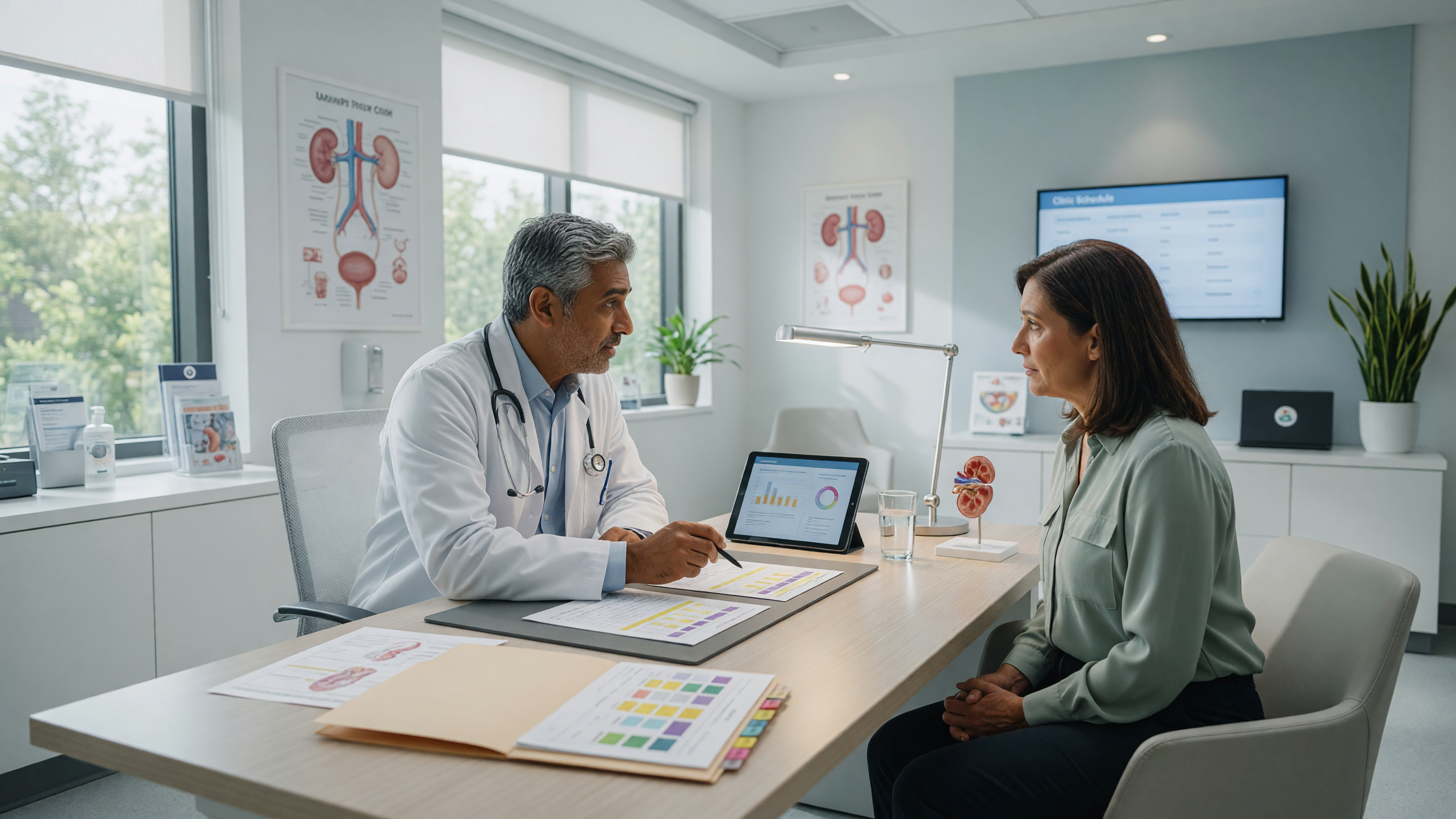 Doctor explaining hematuria causes and blood in urine test results to a patient