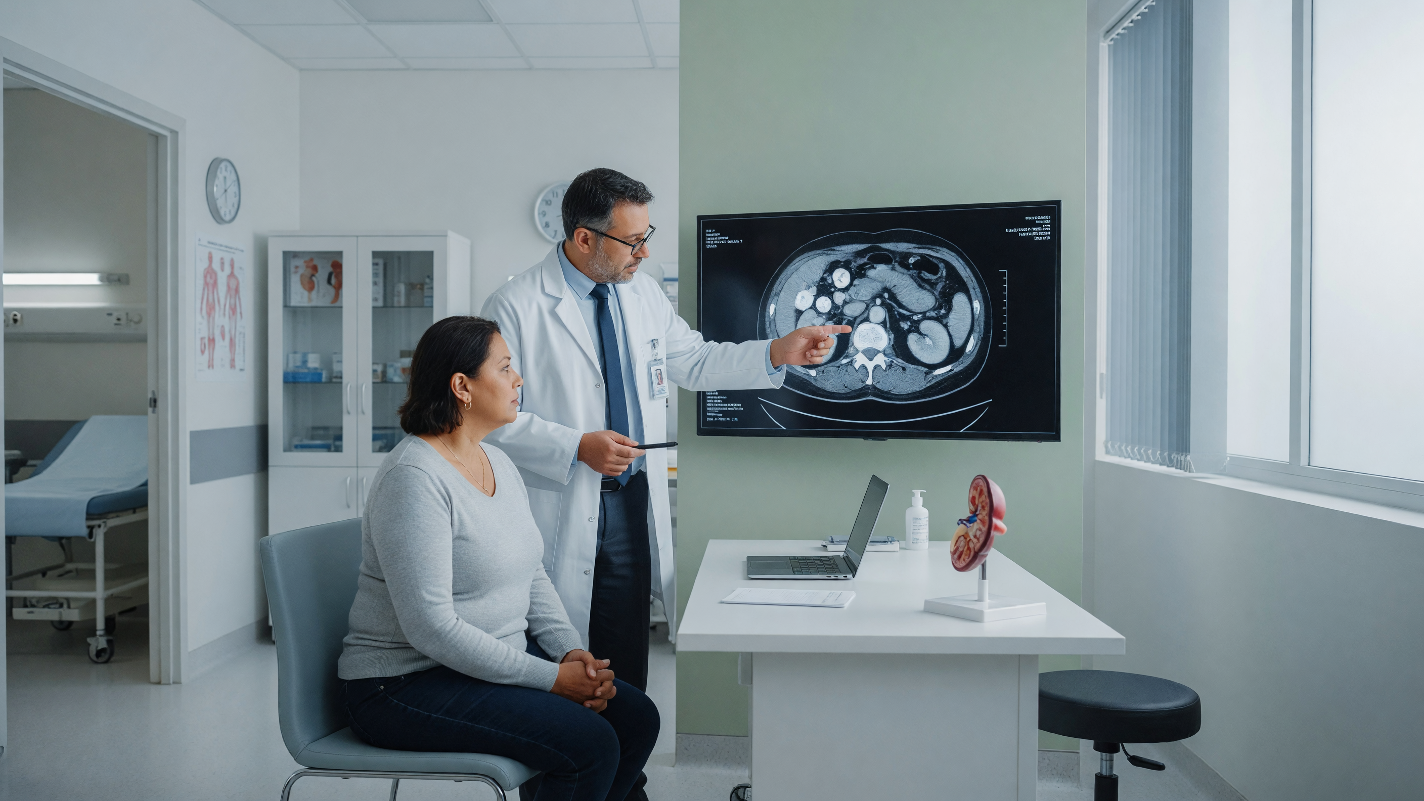 Doctor reviewing a kidney stone size treatment scan with a patient at Lux Hospitals
