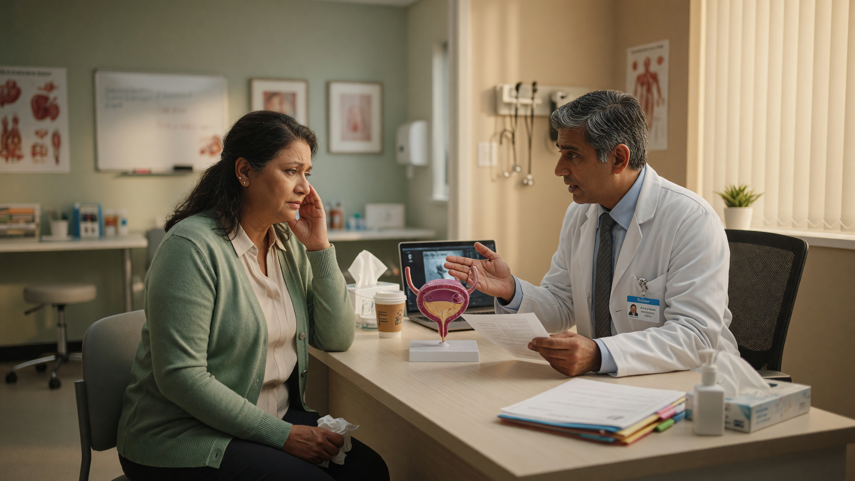 Person feeling sudden urinary urgency, illustrating common causes of urinary urgency