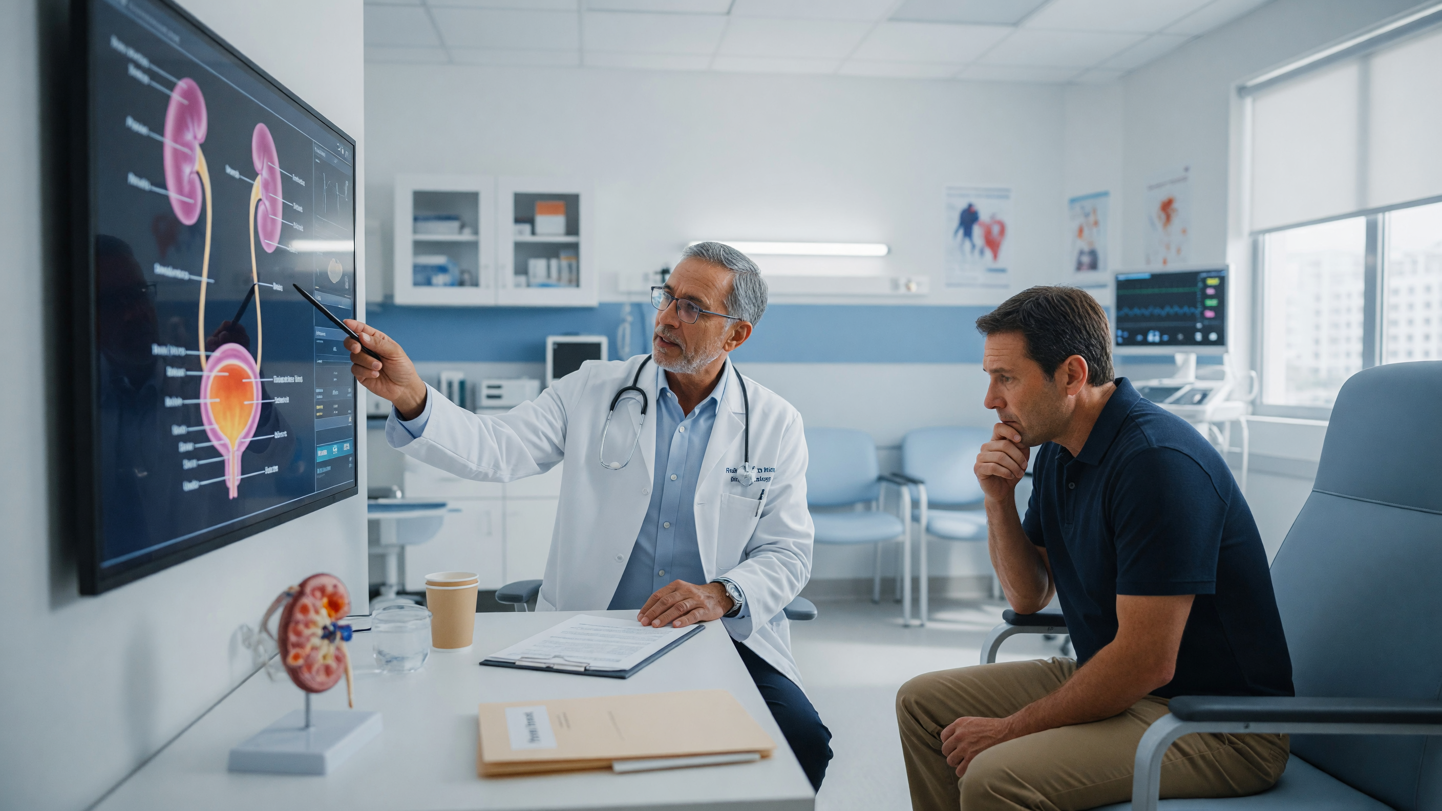 Urologist explaining urethral stricture causes to a male patient using a diagram