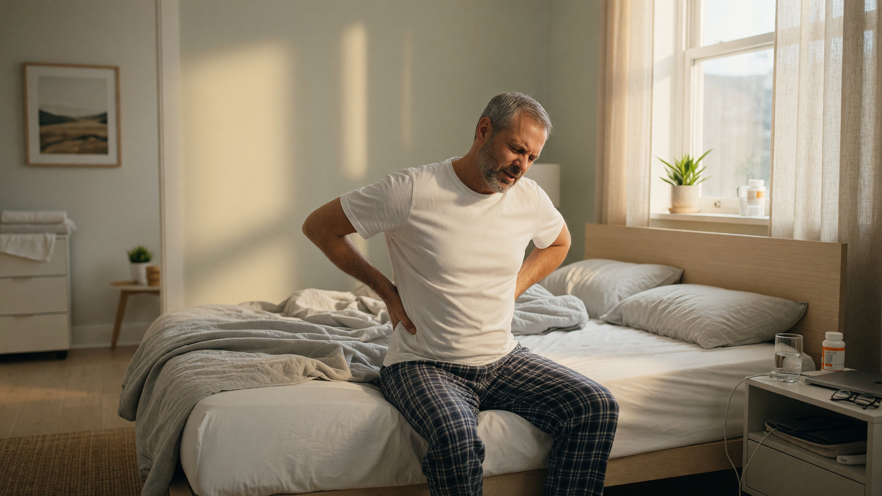Man holding his lower back in pain, illustrating kidney stone back pain