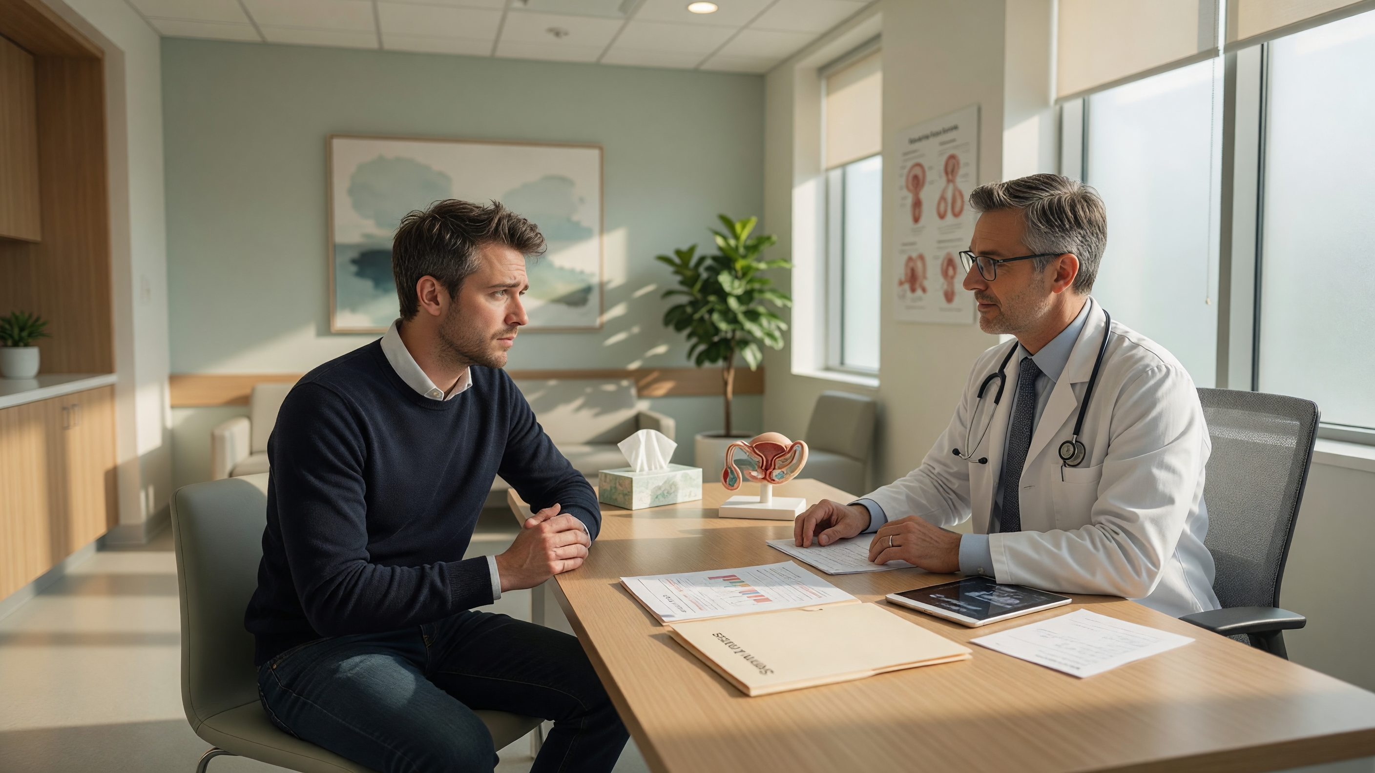 Stressed young man consulting a fertility doctor about stress and male fertility at a hospital