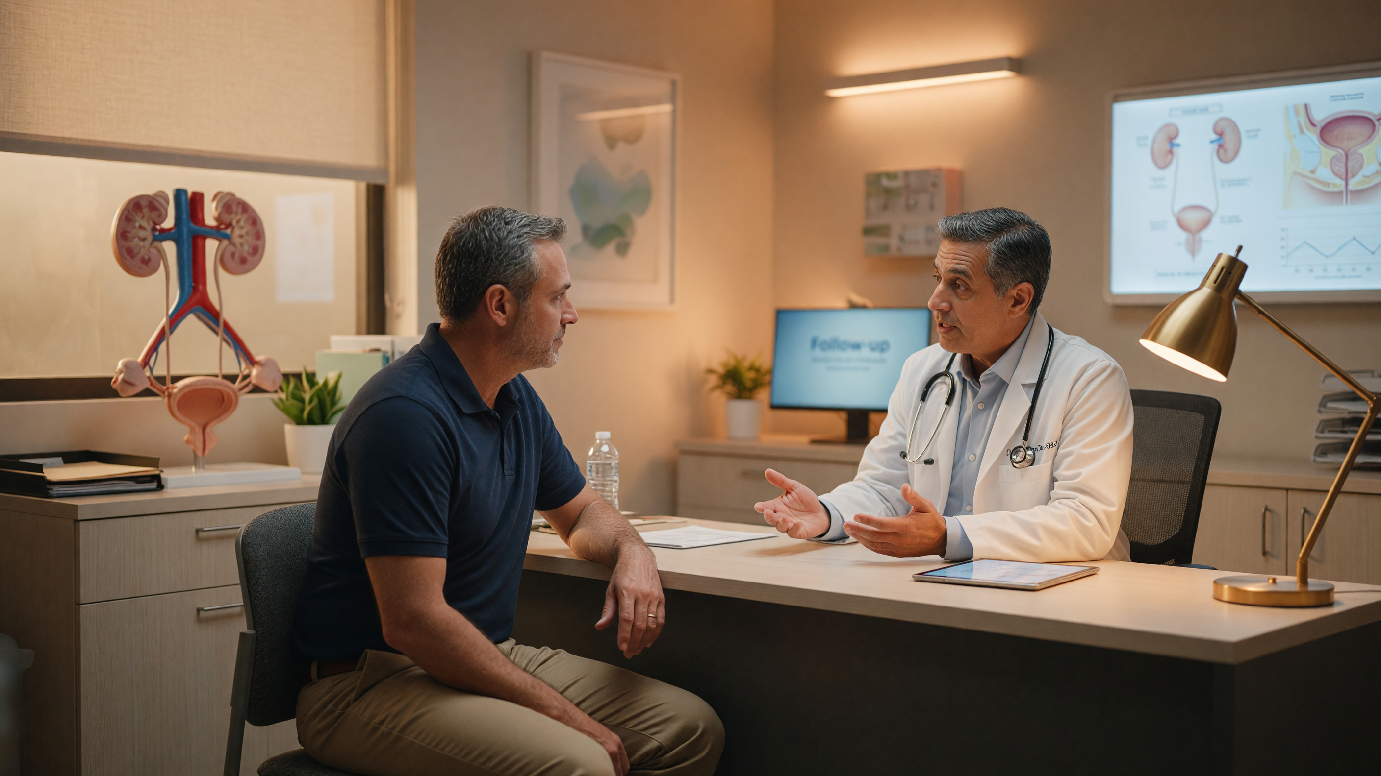 Concerned middle-aged man discussing urinary symptoms in men with a urologist at Lux Hospitals