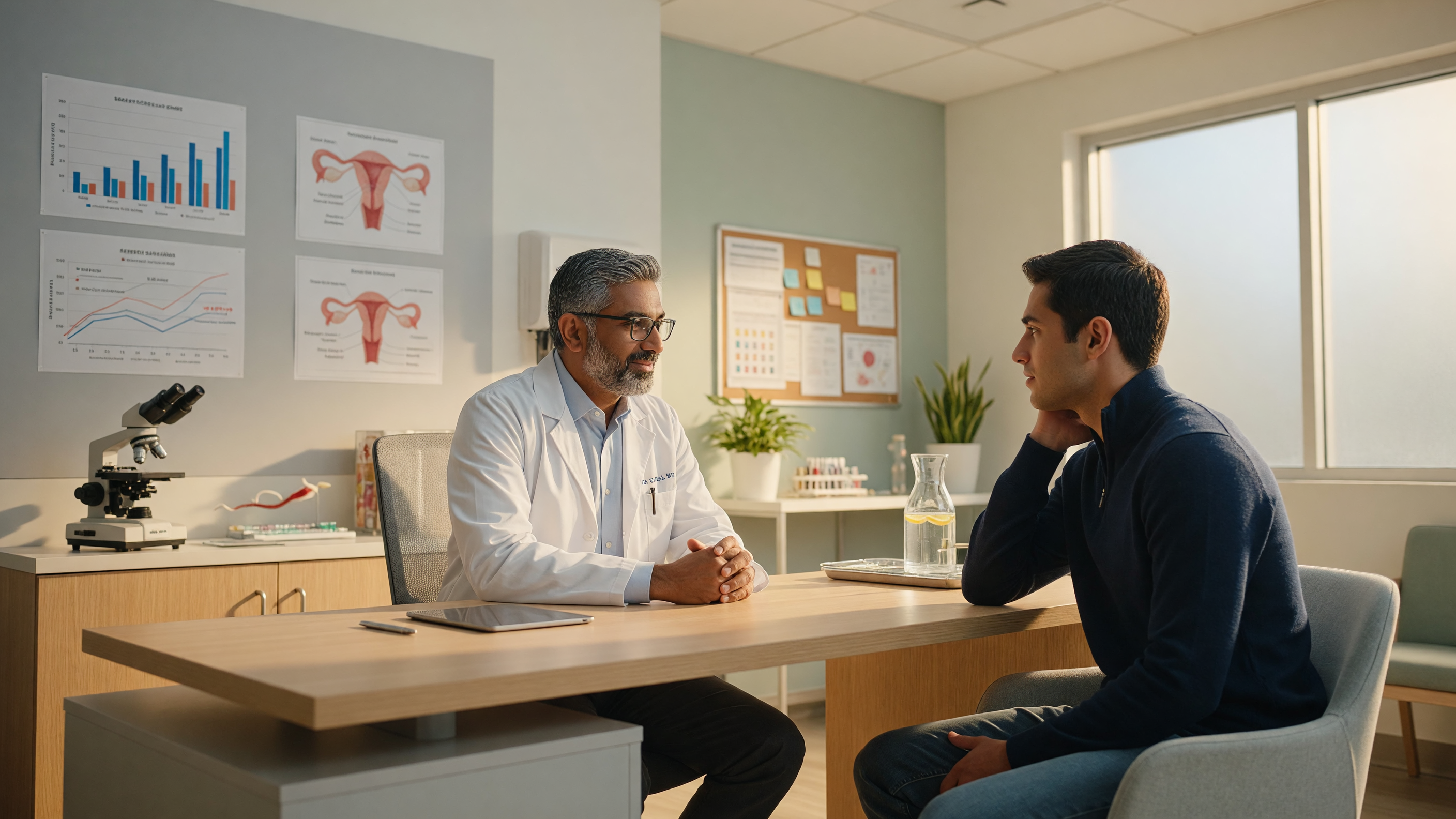 Doctor explaining male infertility causes to a patient during a fertility consultation