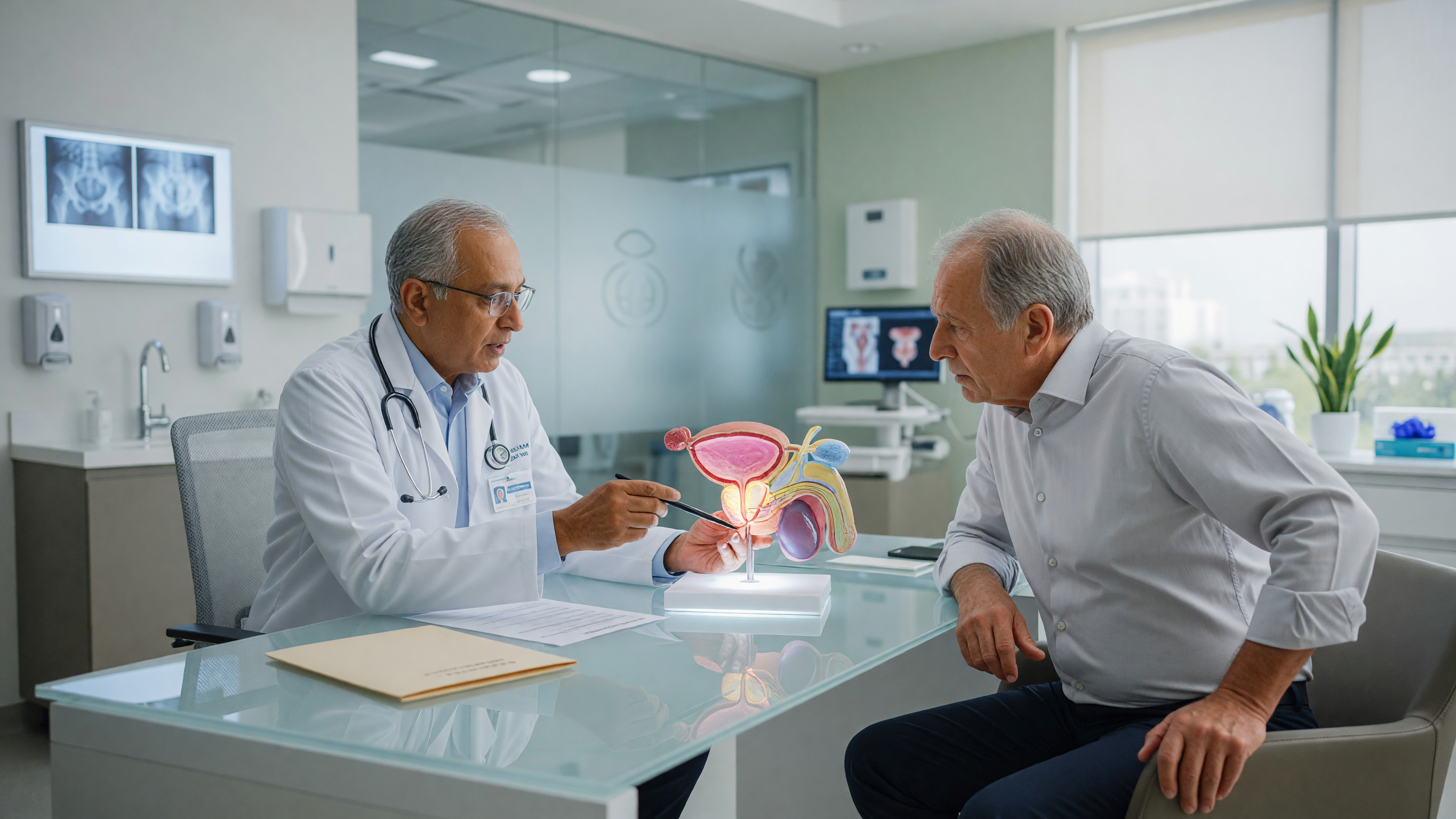 Doctor explaining enlarged prostate urinary retention to a male patient using an anatomical model