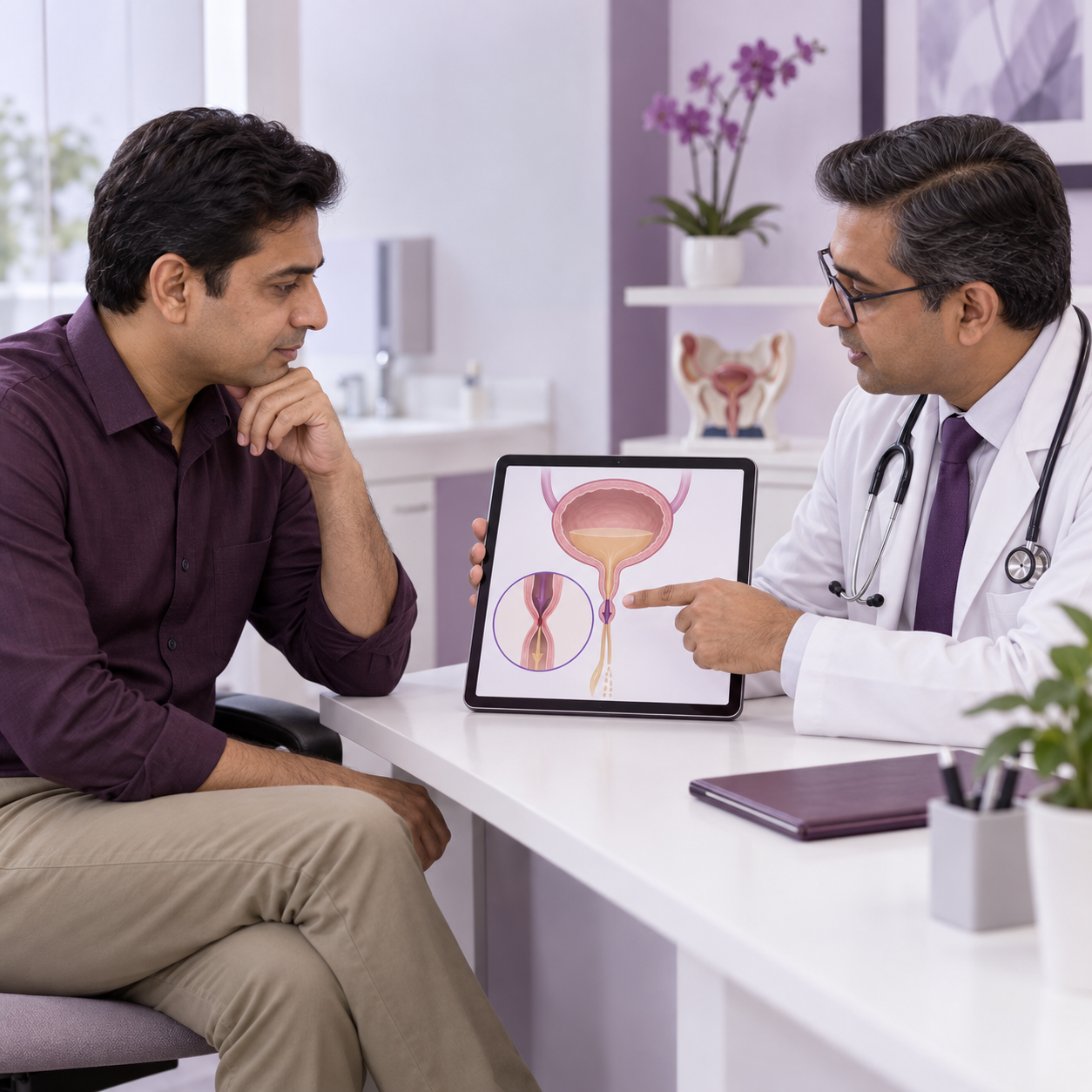 Doctor explaining weak urine flow and urethral stricture diagnosis to a male patient