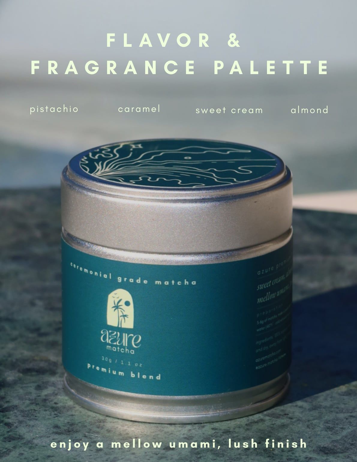 The Azure Matcha Premium Blend tin with its flavor and fragrance palette: pistachio, caramel, sweet cream, and almond
