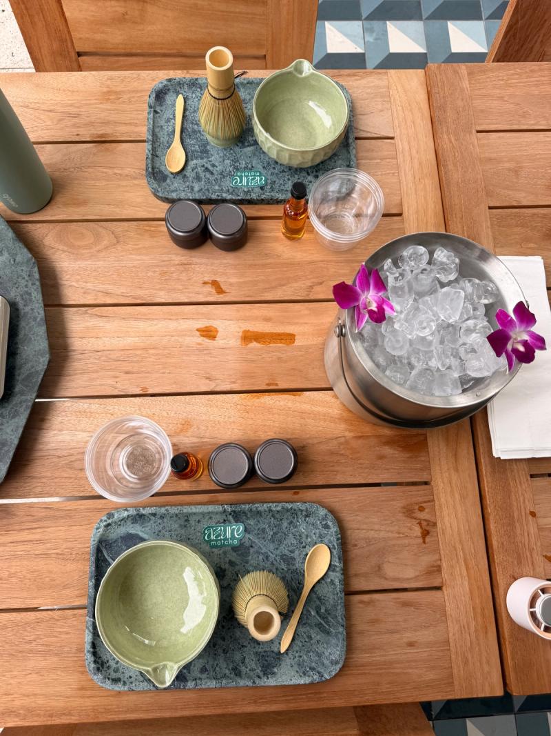 Tables set along the pool deck