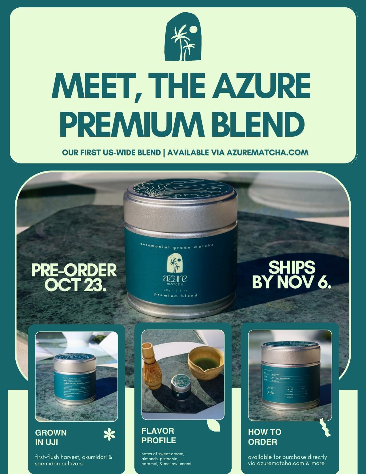 Azure Matcha October 2026 newsletter cover: meet the Azure Premium Blend, pre-order Oct 23, ships by Nov 6