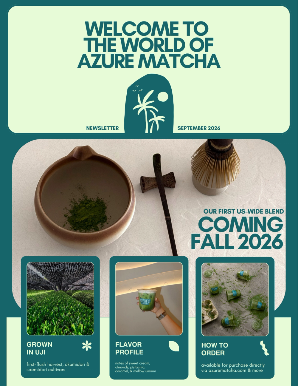 Azure Matcha September 2026 newsletter cover: welcome to the world of Azure Matcha