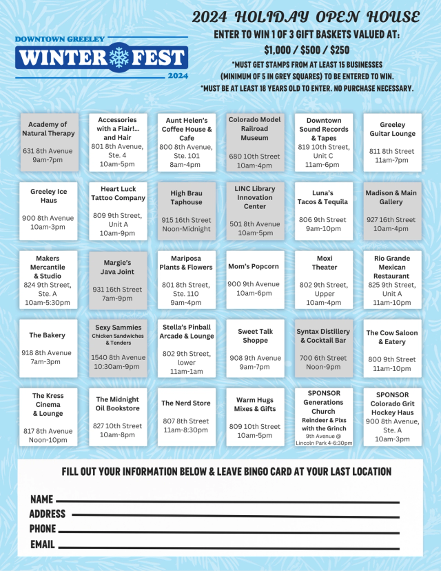 Holiday Open House Bingo Card Downtown Greeley