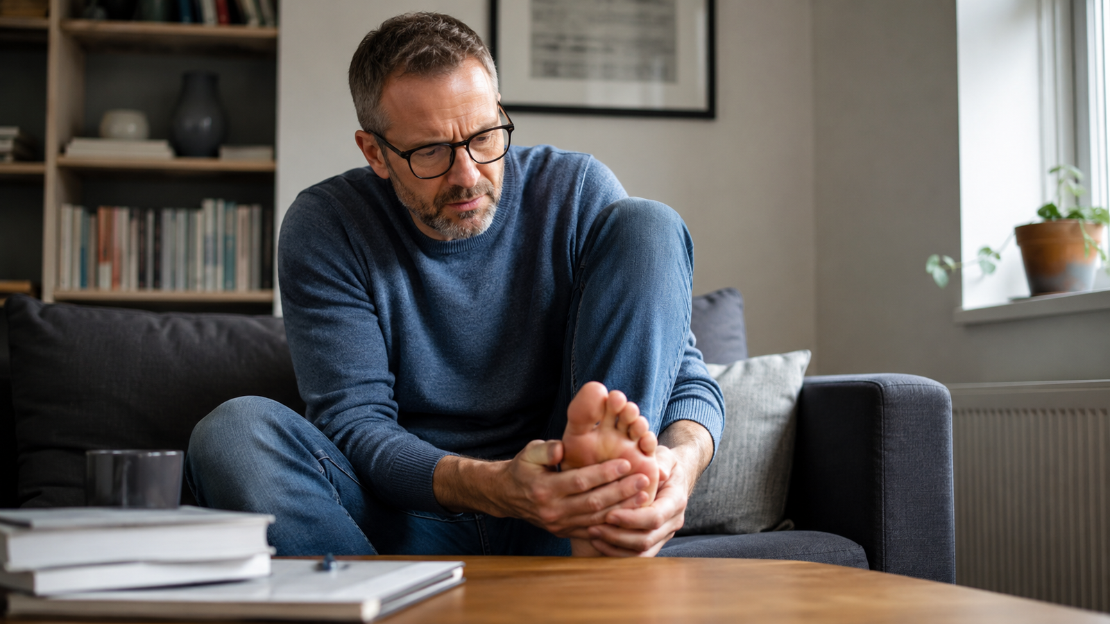 man with gout holding painful foot