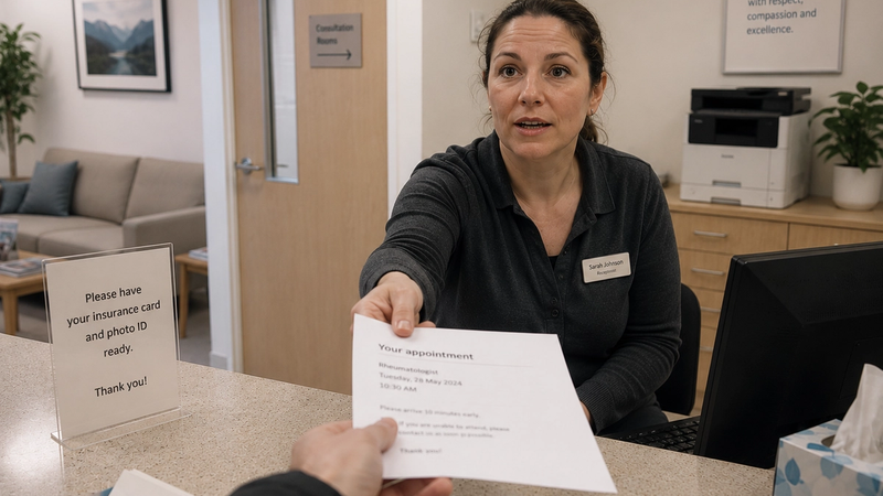 doctors helper handing out list for gout patient